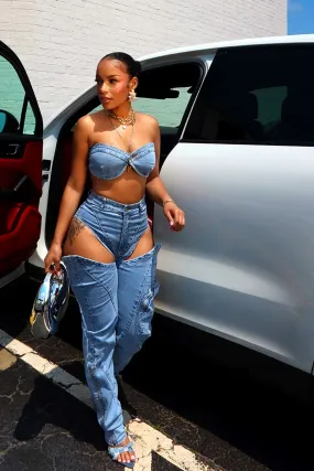 Boss Babe Denim Tube Top & Cut Out Pants SET Breathable mesh lining