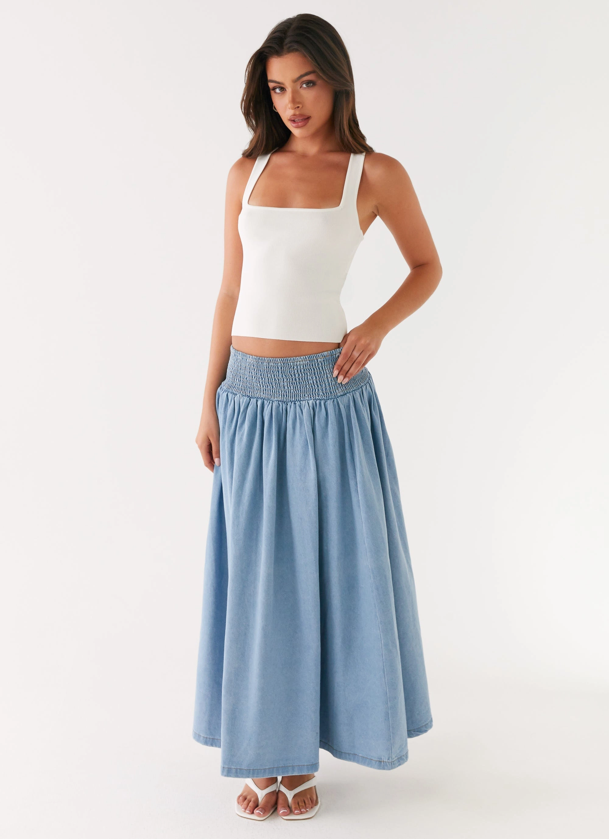 Anti Pilling Fabric Heater Midi Skirt - Washed Blue