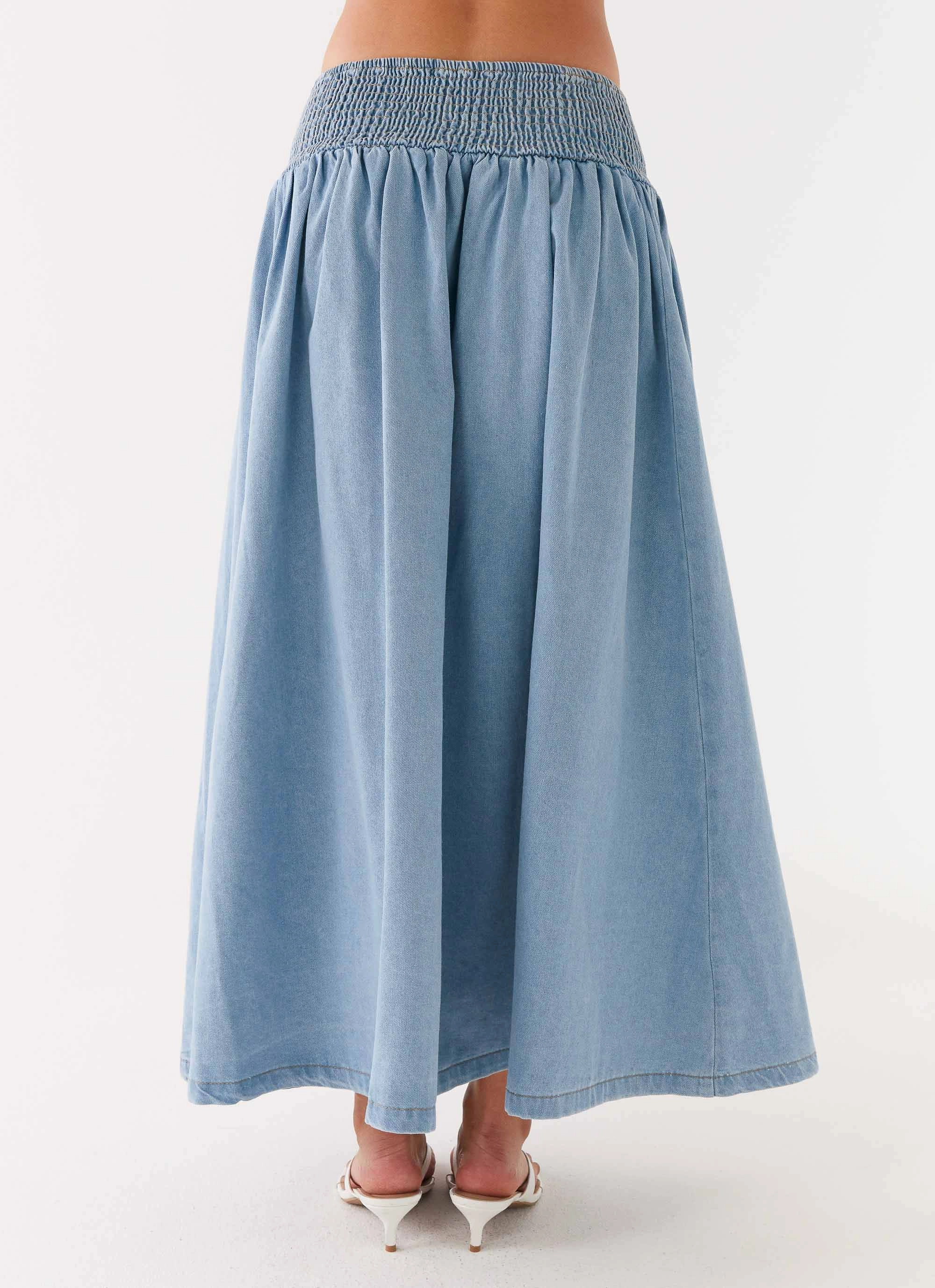 Heater Midi Skirt - Washed Blue Roll Up Fasten Business Meeting
