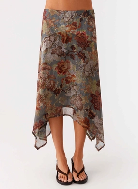 Rosewood Low Rise Midi Skirt - Vintage Blossom Tear Resistant Fall Favorite