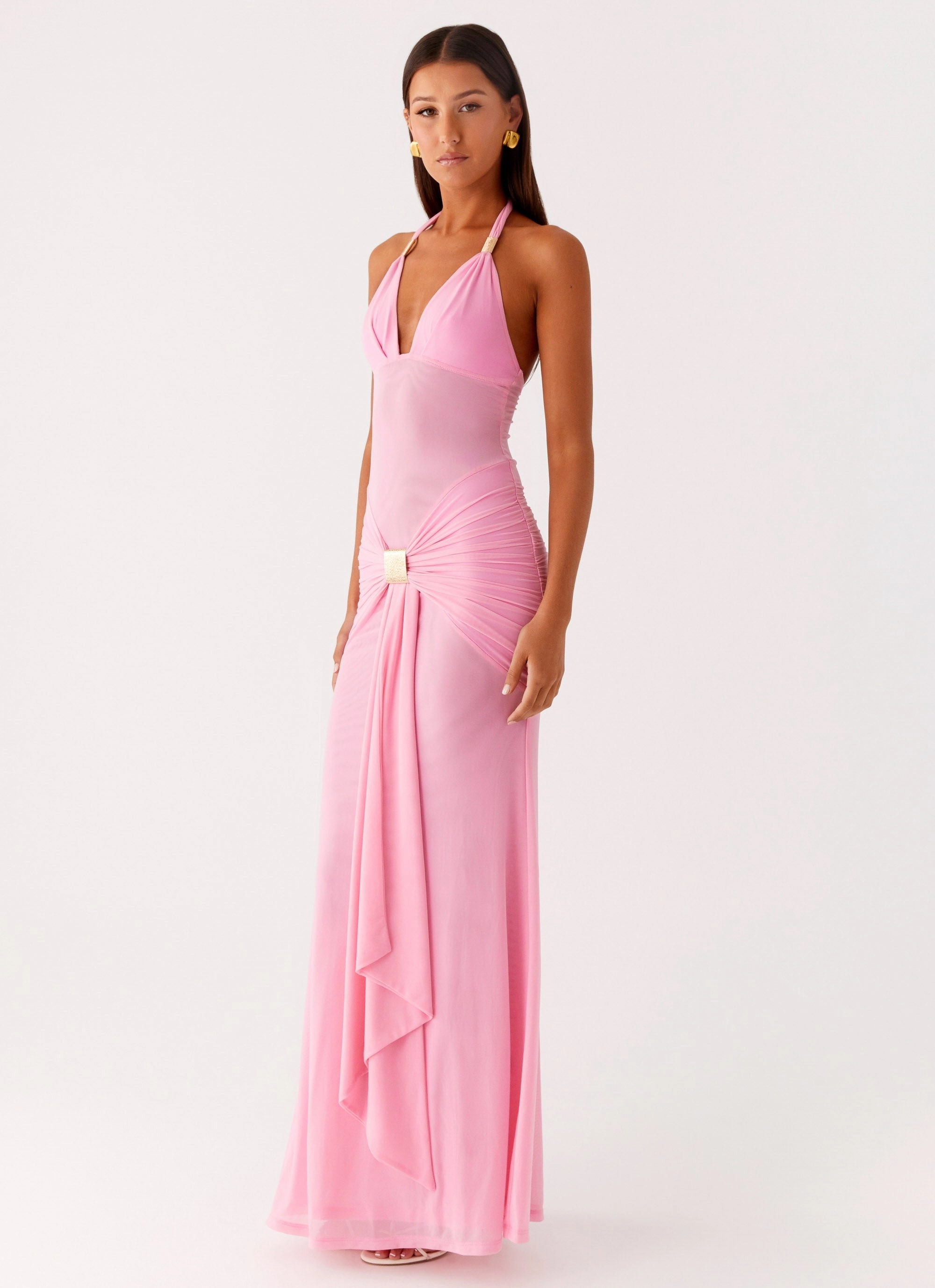 Miyah Halter Hardware Maxi Dress - Baby Pink A Line Cut plus-size