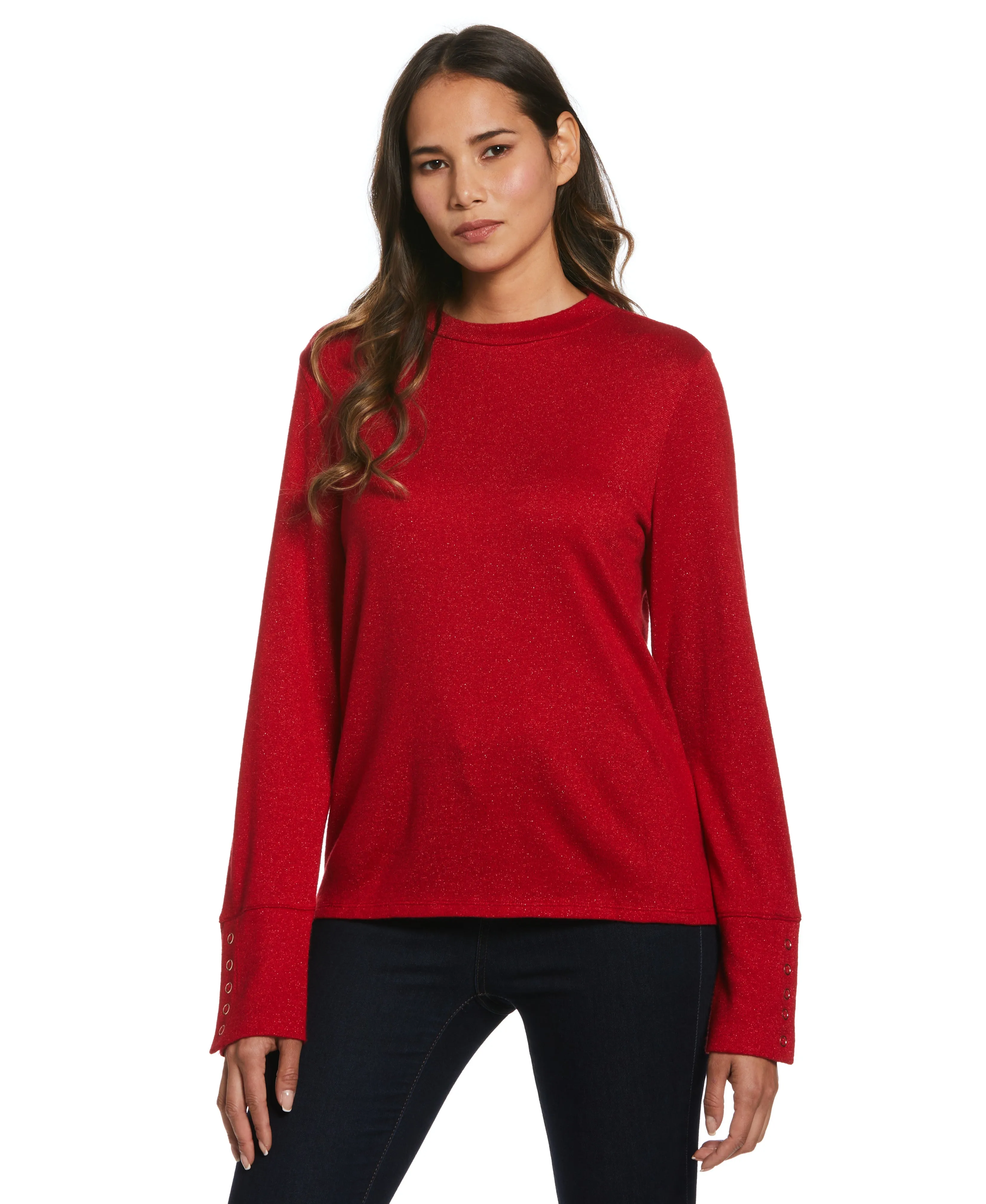 Ribbed Trim Details Office Look Mock Neck Snap Cuff Top