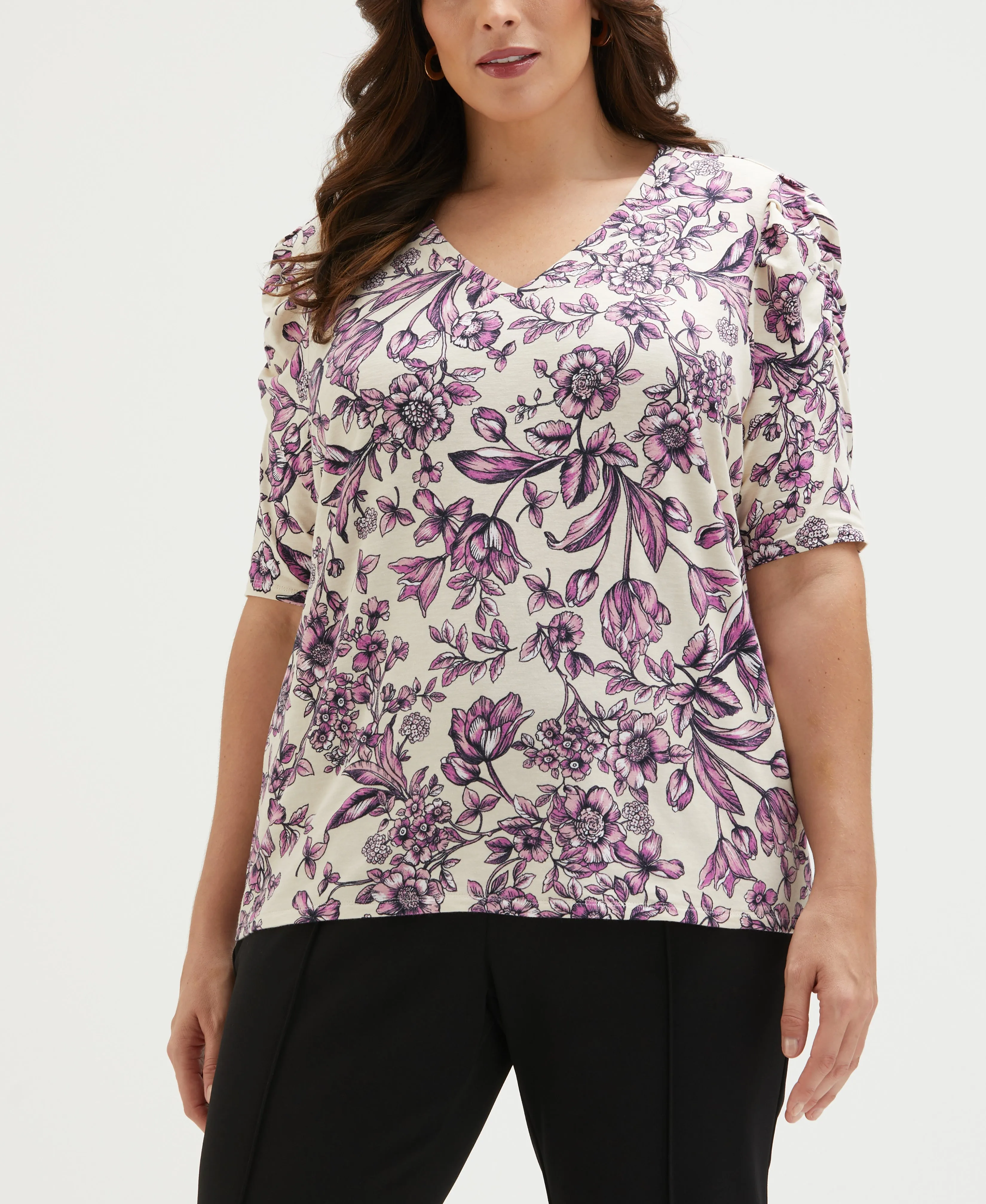 Plus Size Floral Print Puff Elbow Sleeve Top TemperatureRegulating Material