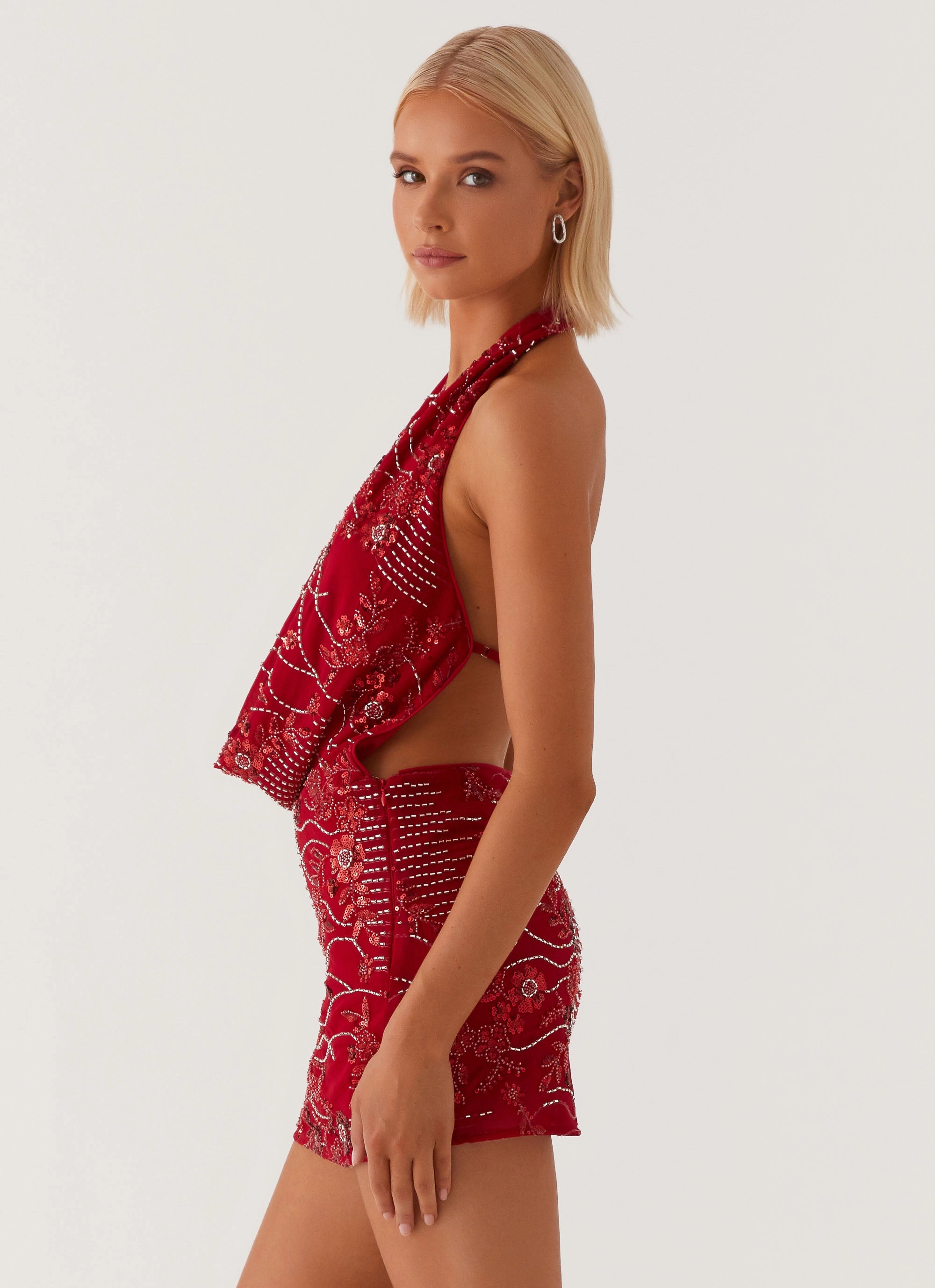 Refined Style Fresh Mood Olisa Cowl Neck Beaded Mini Dress - Red