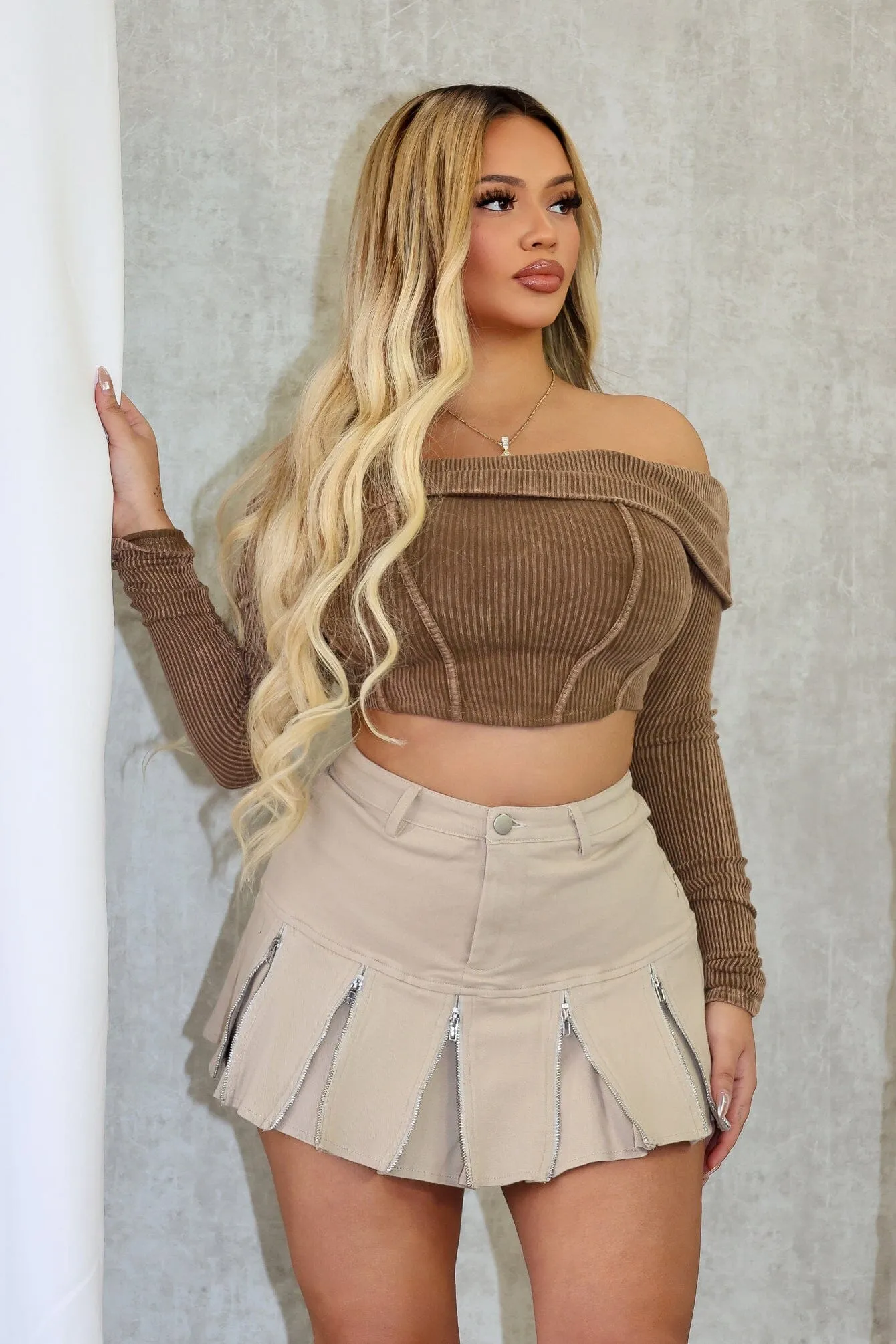 Low Impact Manufacturing Four Way Stretch Material Lani Mineral Washed Corset Off Shoulder Top