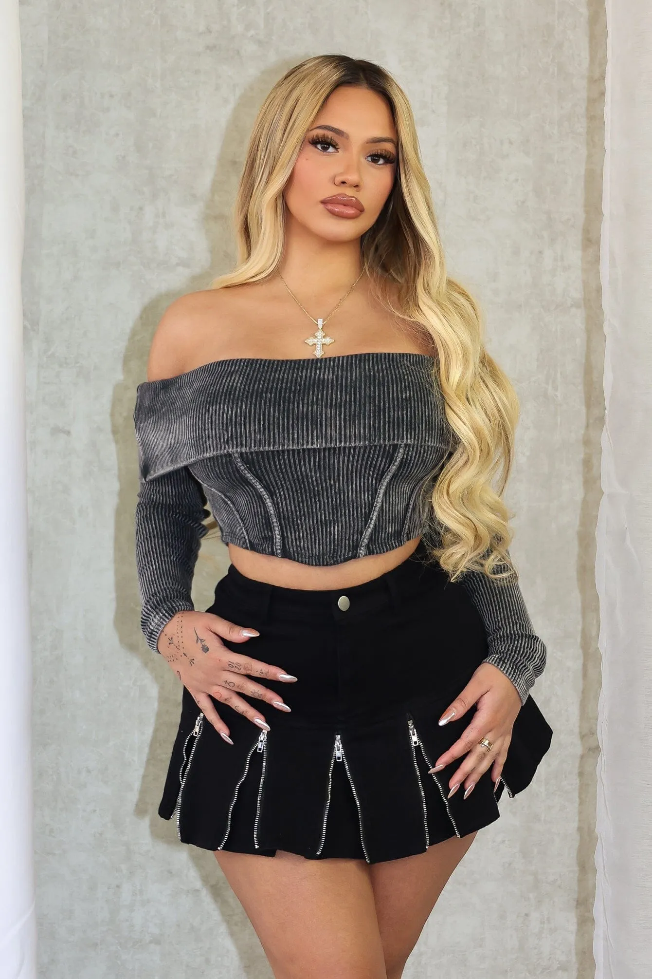 VentedBack Lani Mineral Washed Corset Off Shoulder Top