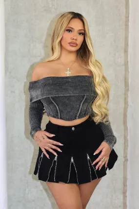 Two Tone Weave Lani Mineral Washed Corset Off Shoulder Top