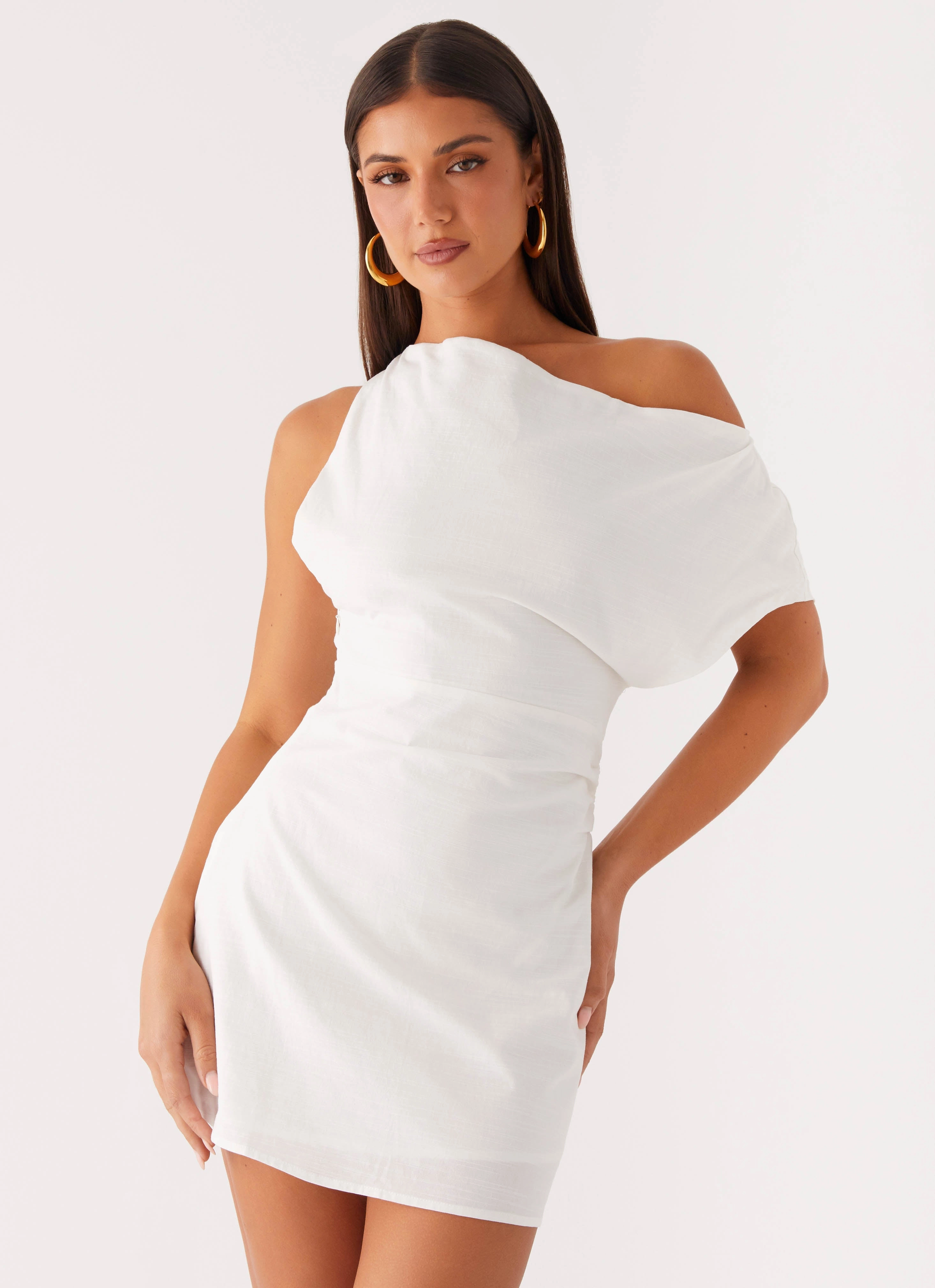 Moonlight Oasis Asymmetrical Mini Dress - Off White Classic Comfort Wrinkle Resistant