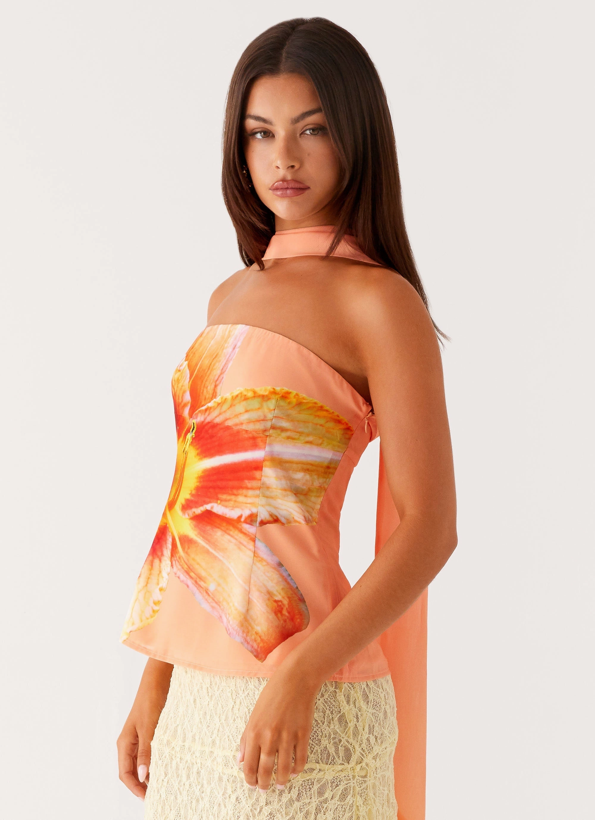 Blaise Scarf Top - Orange Floral Hypoallergenic Inner Layer Stretchable Neckline