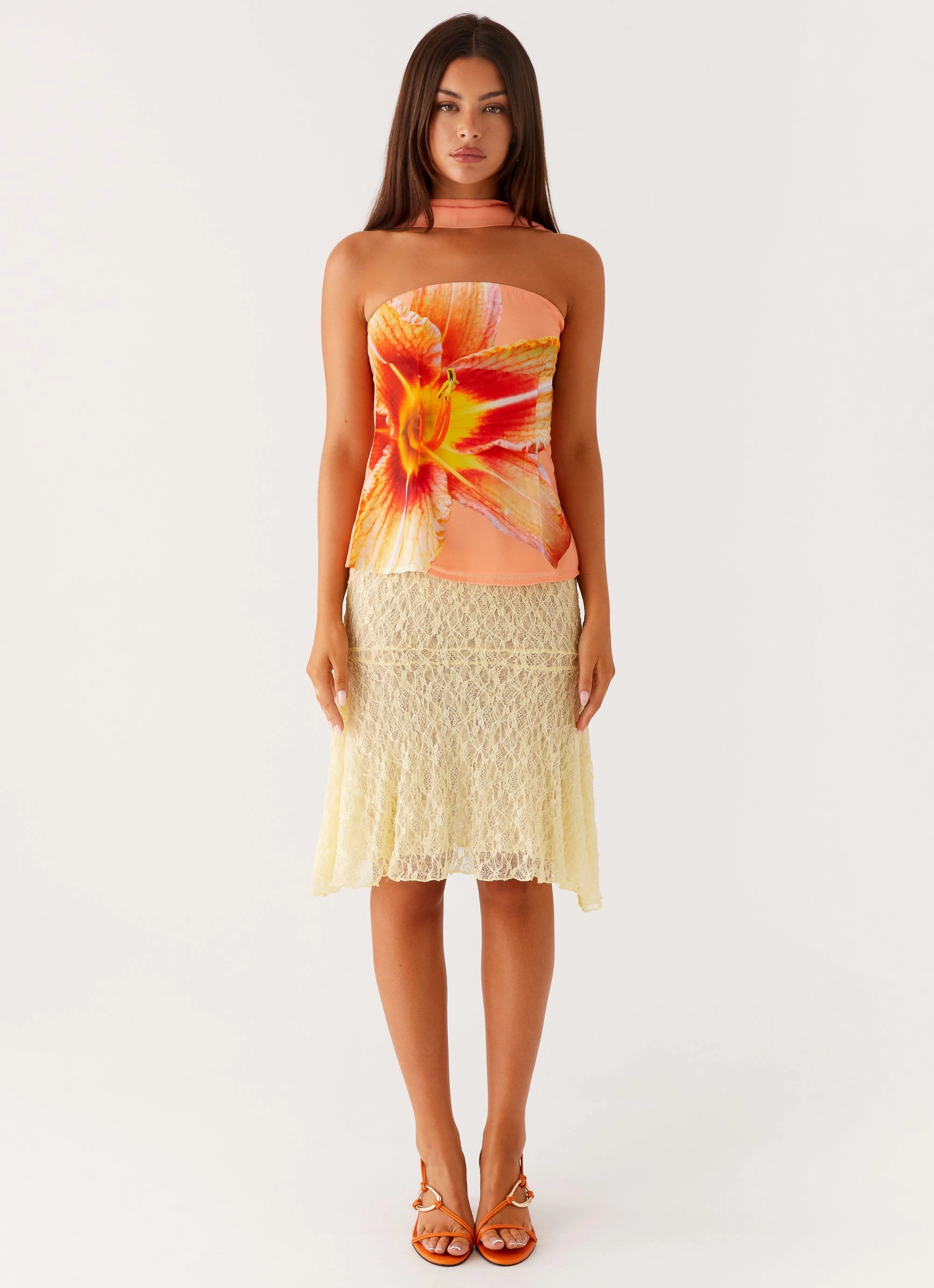 LightweightLayeredFabric Blaise Scarf Top - Orange Floral