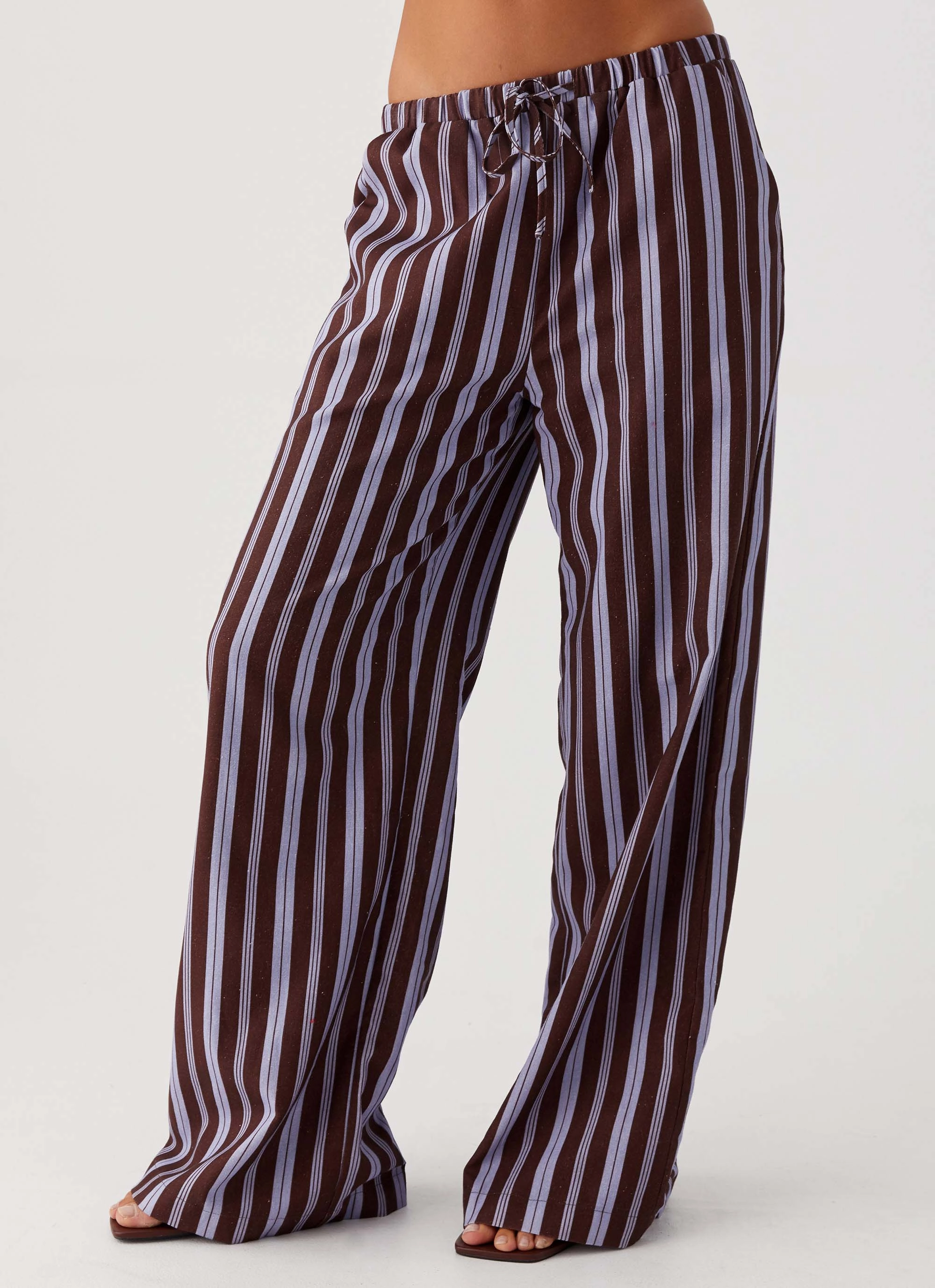 Stretchable Design WindResistantMaterial Fresh Face Linen Pants - Purple Brown Stripe