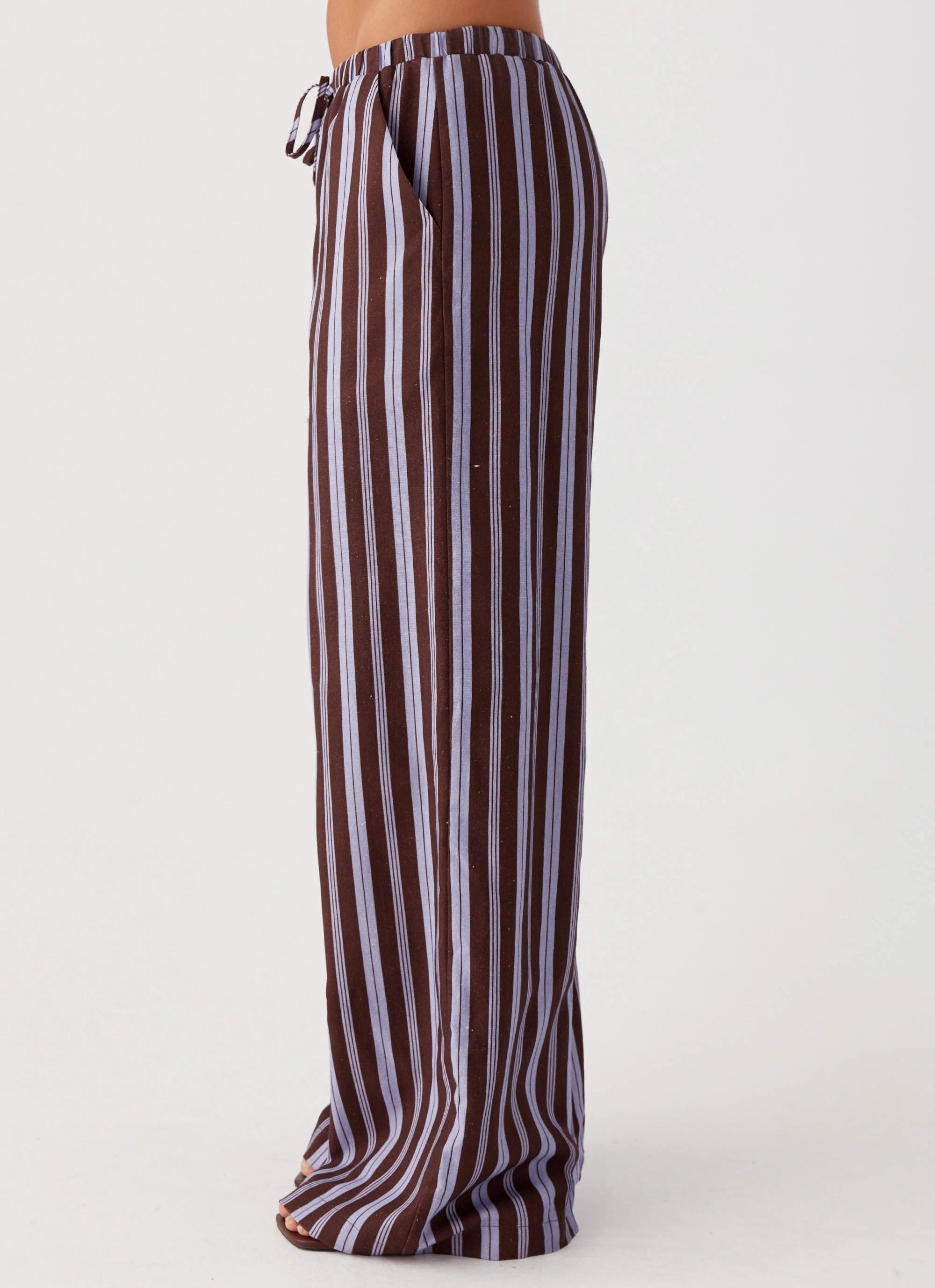 Fresh Face Linen Pants - Purple Brown Stripe Adjustable Closure Lightweight Construction