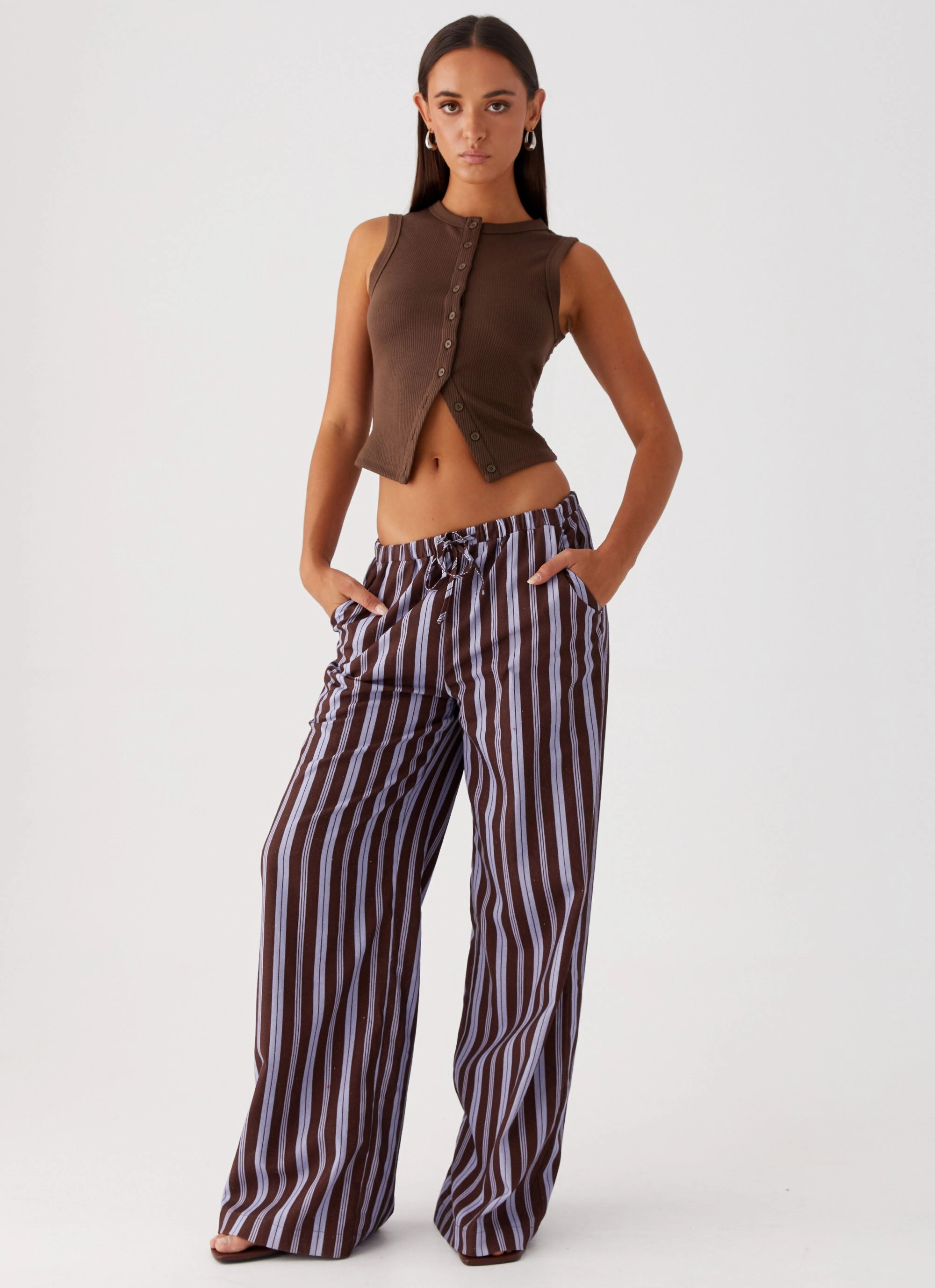 Minimal Look SmoothZipper Fresh Face Linen Pants - Purple Brown Stripe