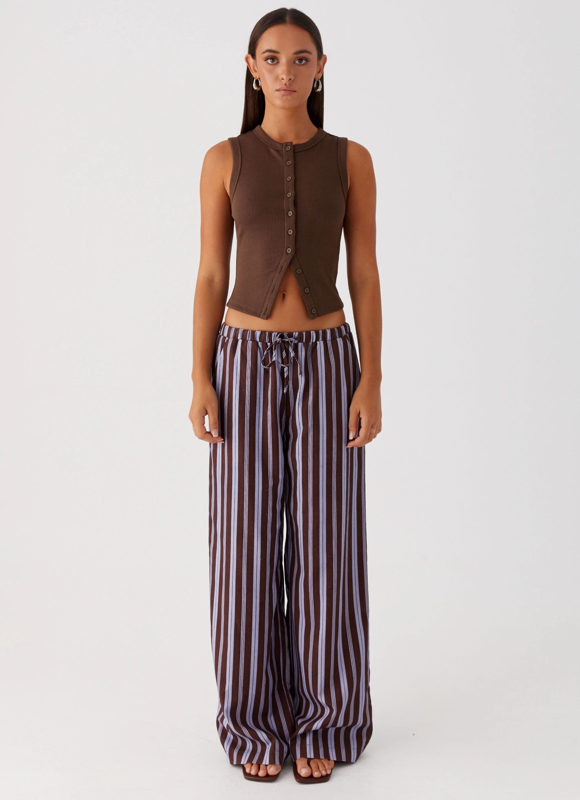 Flexible Wear Fresh Face Linen Pants - Purple Brown Stripe