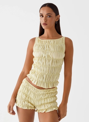 Girls Like Us Ruched Mini Shorts - Yellow AirflowVents DoubleNeedle Stitching