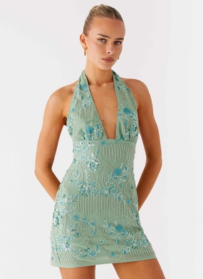 Stylish and Comfortable Monet Beaded Mini Dress - Mint