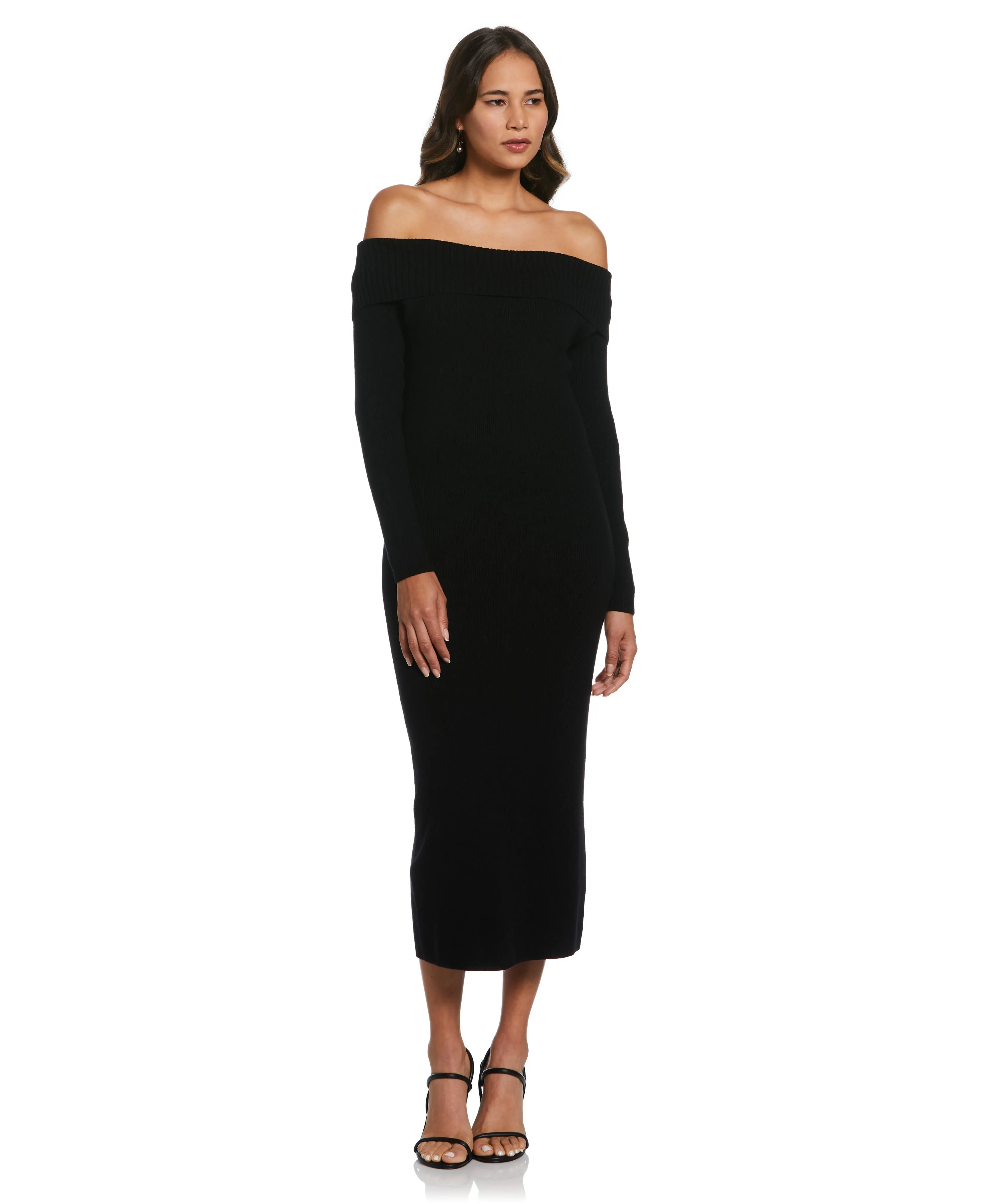 Tonal-Stitching Evening Vibe Plus Size Off-the-Shoulder Sweater Dress