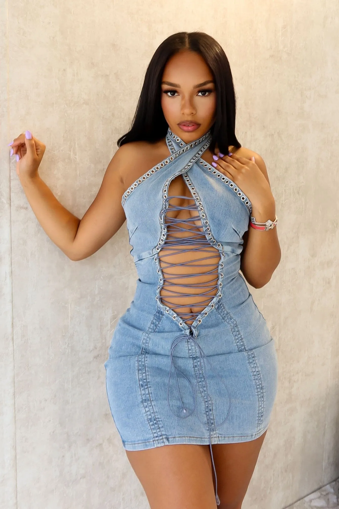 Light Coral Monroe Cross Halter Denim Mini Dress