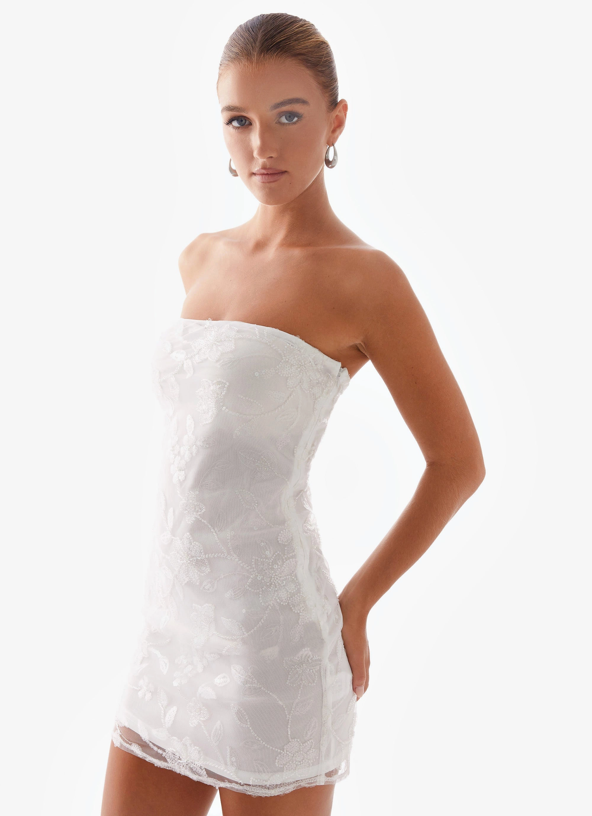 Moorey Beaded Mini Dress - White Silver Inverted Pleats Urban Mood