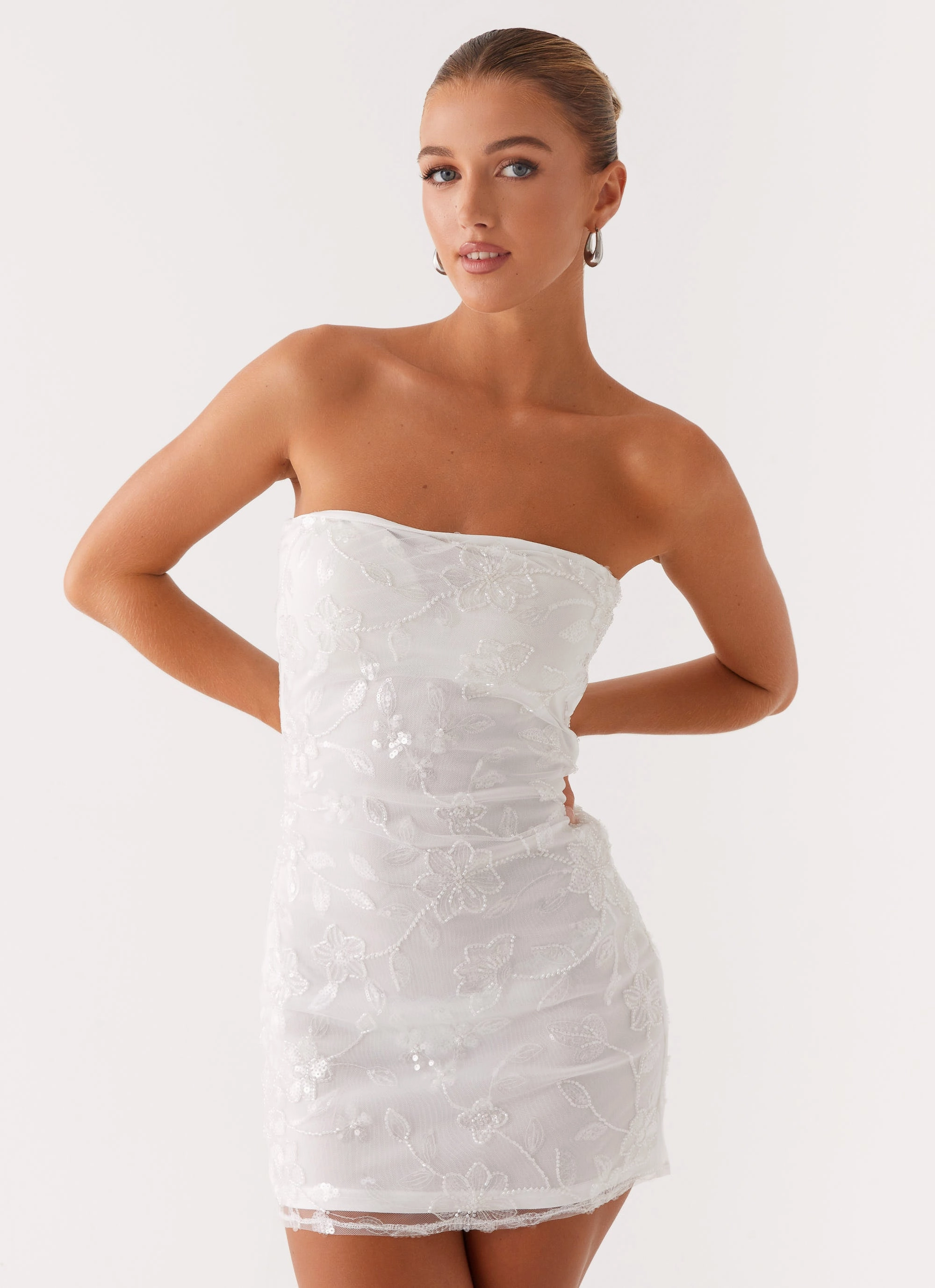 Moorey Beaded Mini Dress - White Silver Clean Fit All-Season Comfort