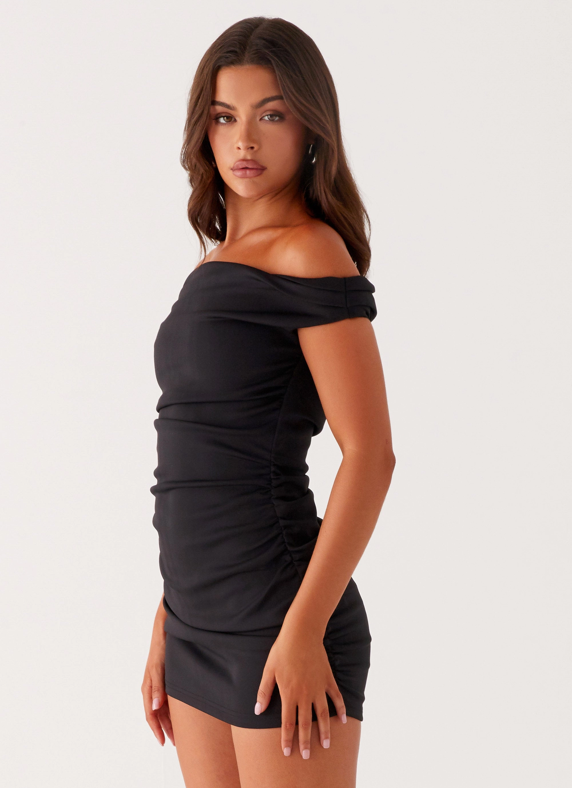 Breathable Comfort Twist Front Morgan Off Shoulder Mini Dress - Black