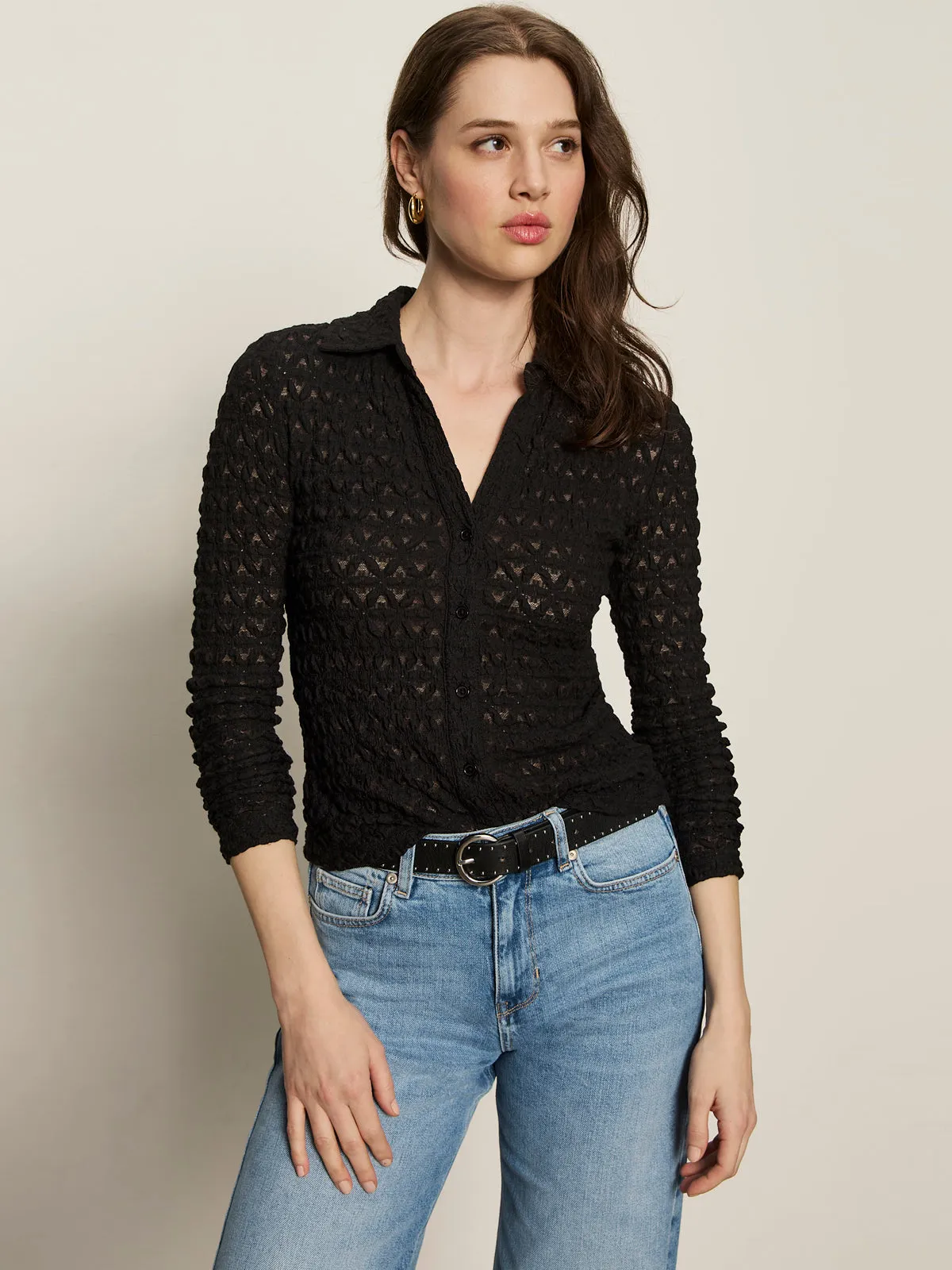 Hypoallergenic Lining DropShoulder Dreamgirl Lace Button Up Top Black
