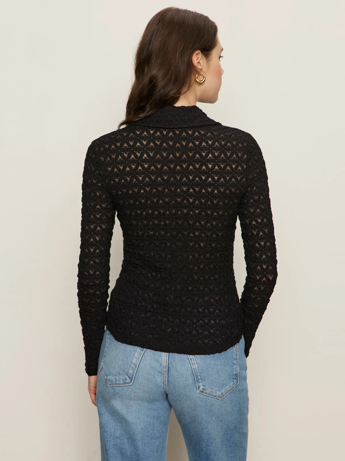 Wrinkle Resistant Texture Recycled Polyester Blend Dreamgirl Lace Button Up Top Black