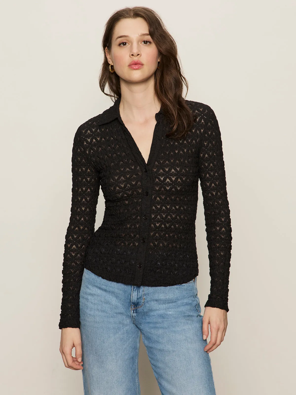 Dreamgirl Lace Button Up Top Black Layered Collar Structure AntiSlipGrip