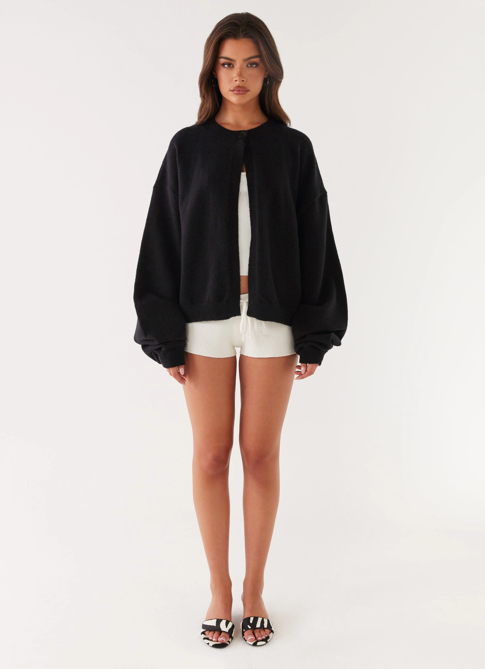 Annie One Button Cardigan - Black Elasticized Waist Minimal Detailing