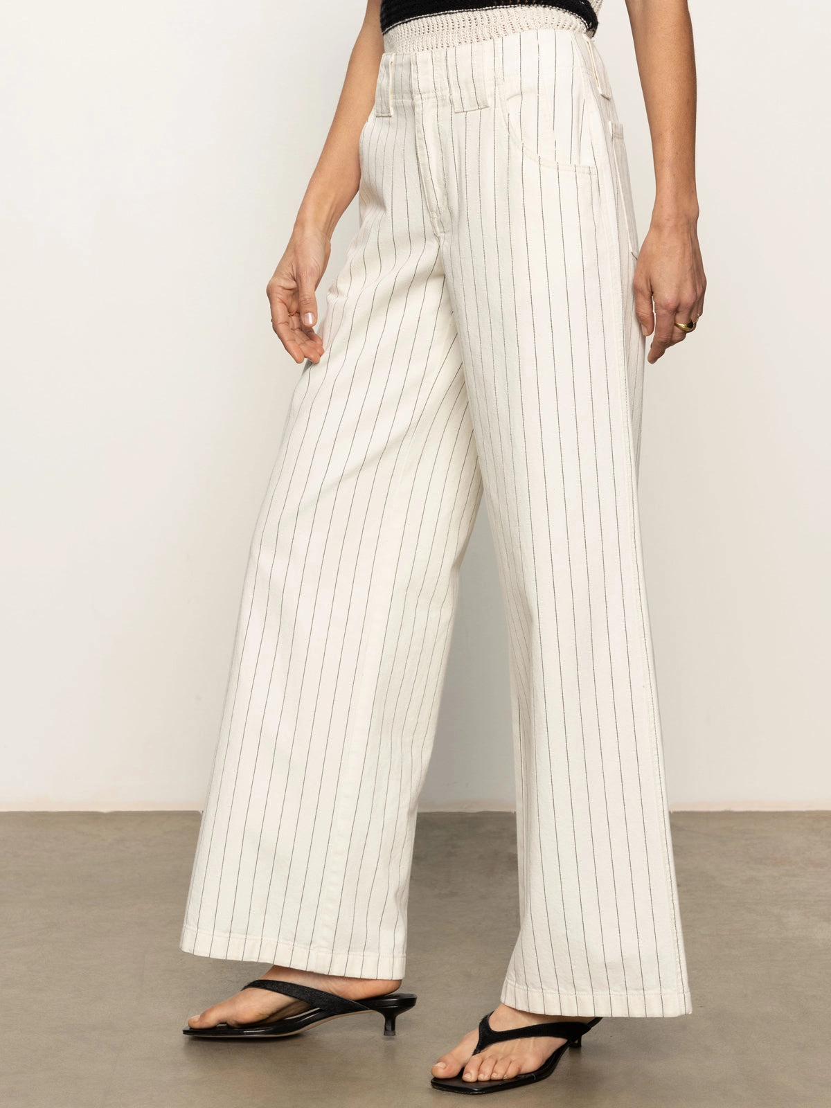 High Density Weave FadeResistant Coating Arden Wide Leg Jeans Bleached White Pinstripe