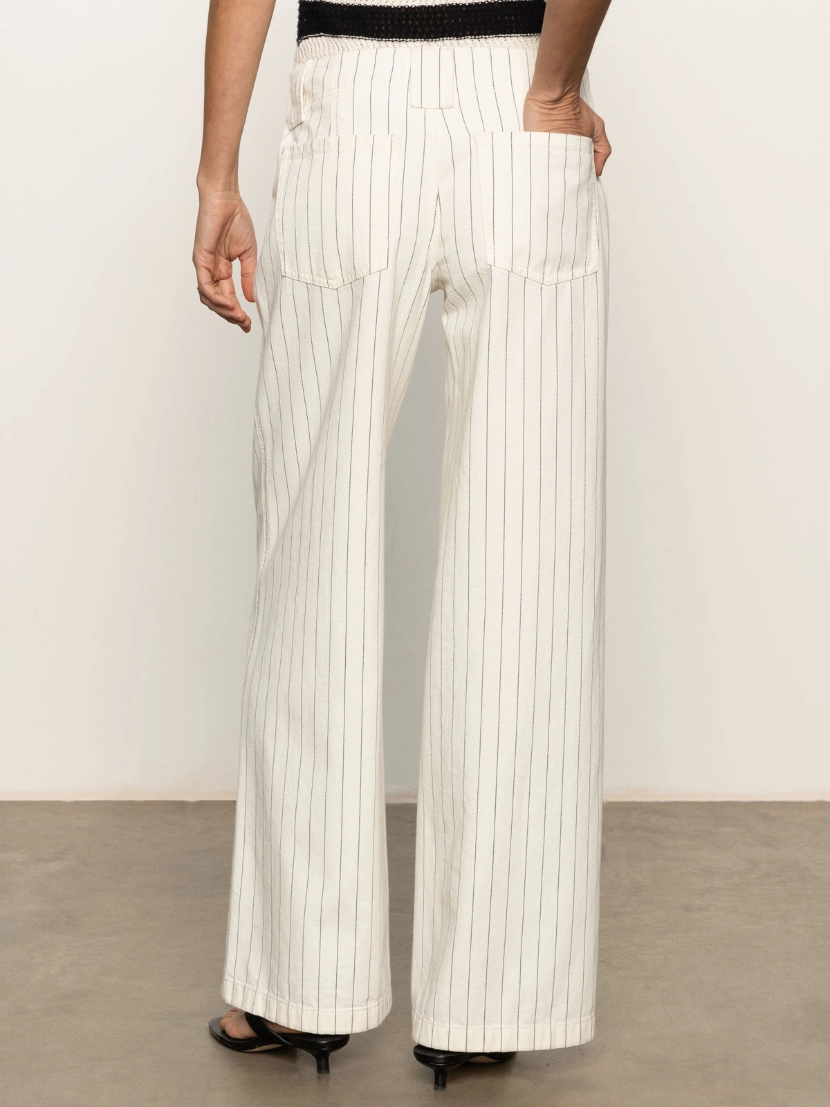Arden Wide Leg Jeans Bleached White Pinstripe Double Stitched Seams Anti Odor Finish