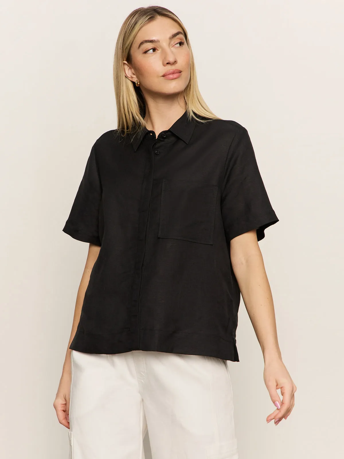 Relaxed Vacation Shirt Black Reinforced Shoulder Layered Collar Design