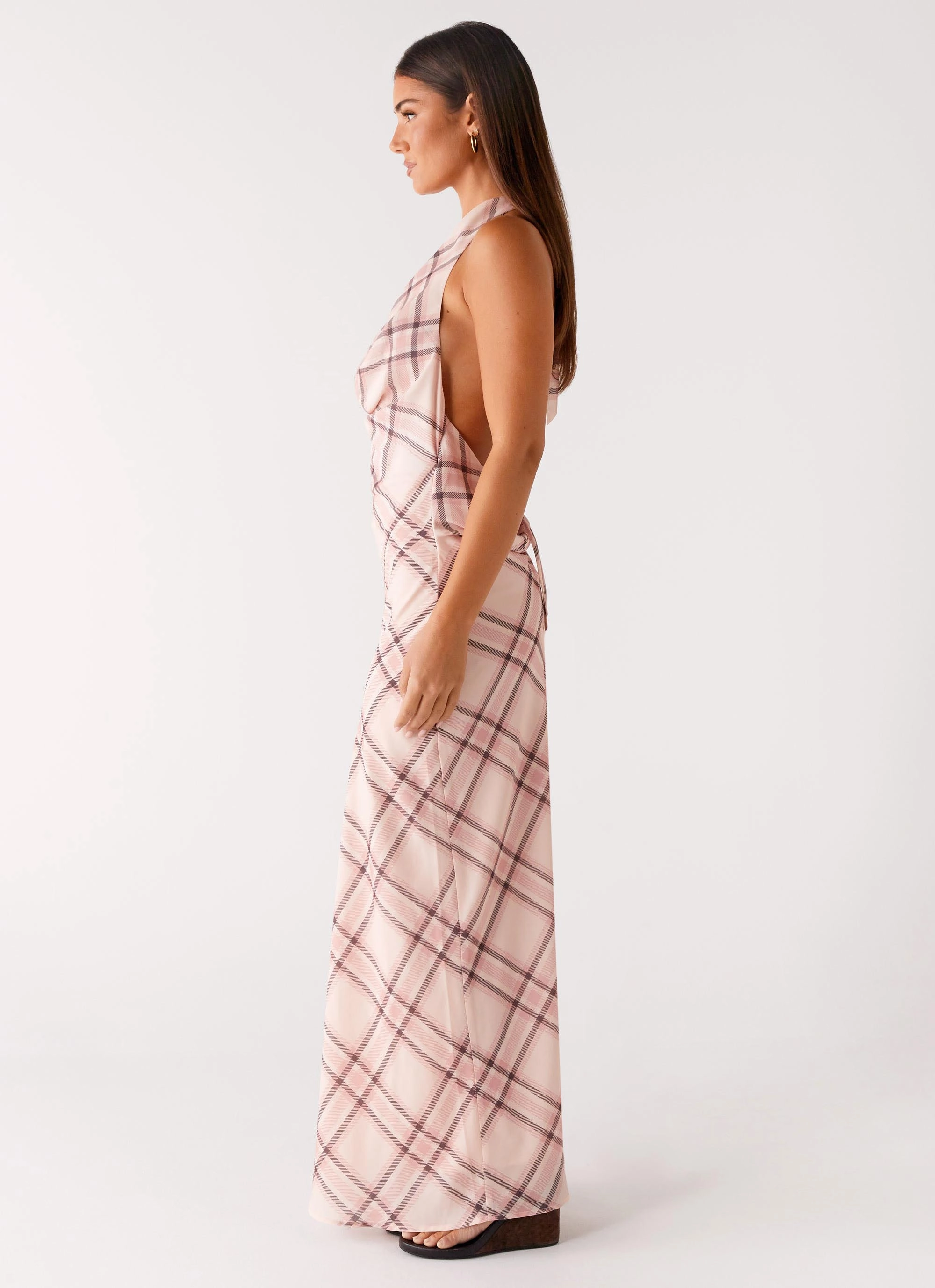 Street Casual Wave Soft Muse Maxi Dress - Pink Check