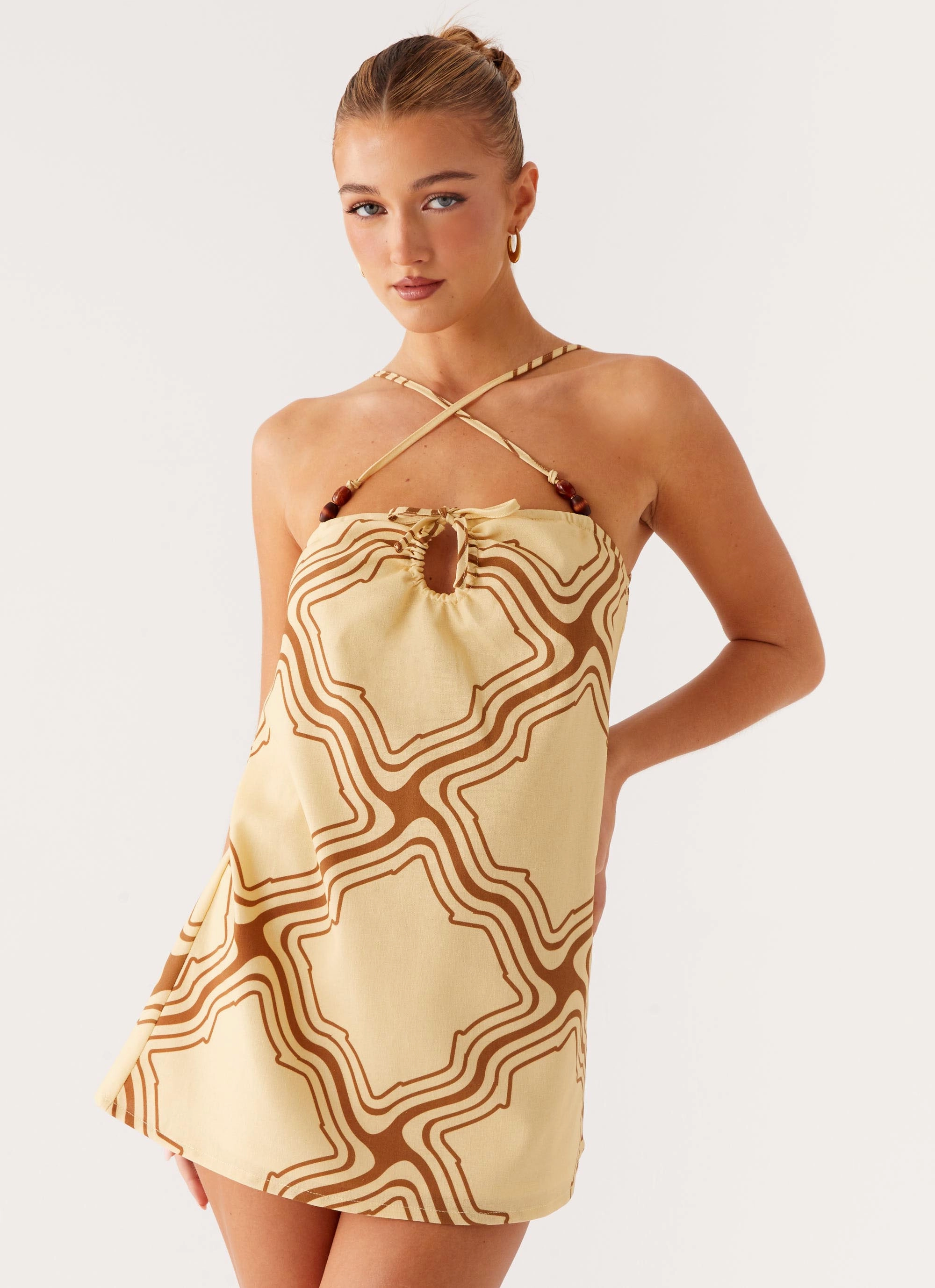 Naomi Criss Cross Mini Dress - Tidal Wave Print Travel Ready Travel Option