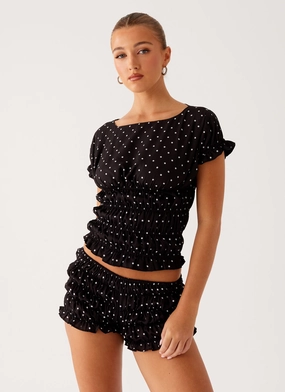 Natalia Ruched Top - Black Polka Dot WrinkleFree Weave