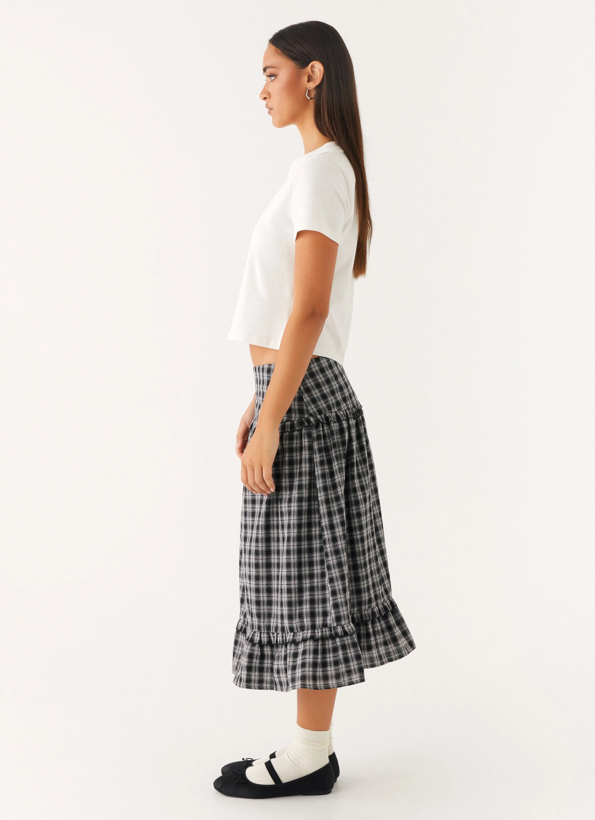 Pleated Construction Laura Midi Skirt - White Black Check