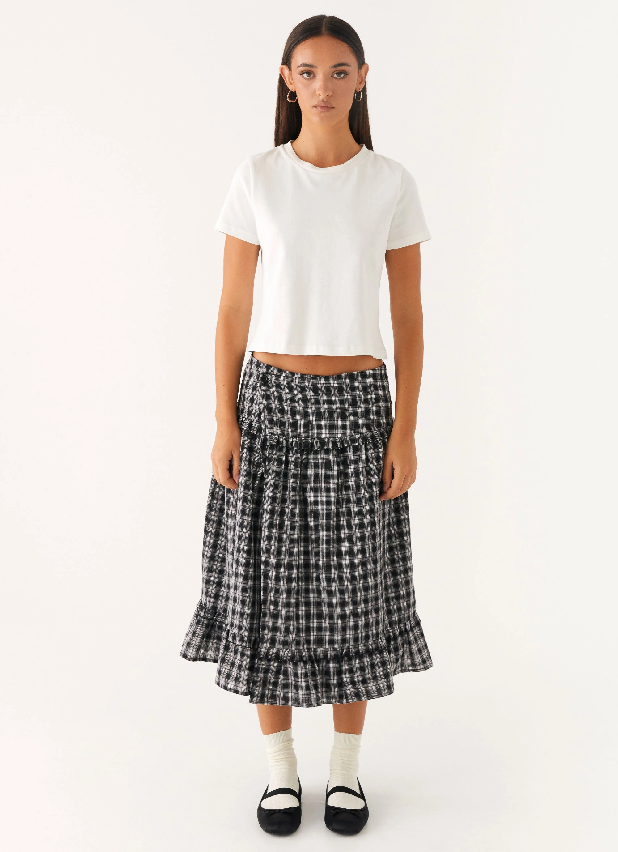 Weekend Favorite Light Touch Laura Midi Skirt - White Black Check