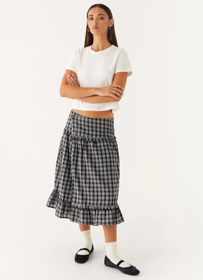 Elevated Casual Soft Lining Laura Midi Skirt - White Black Check