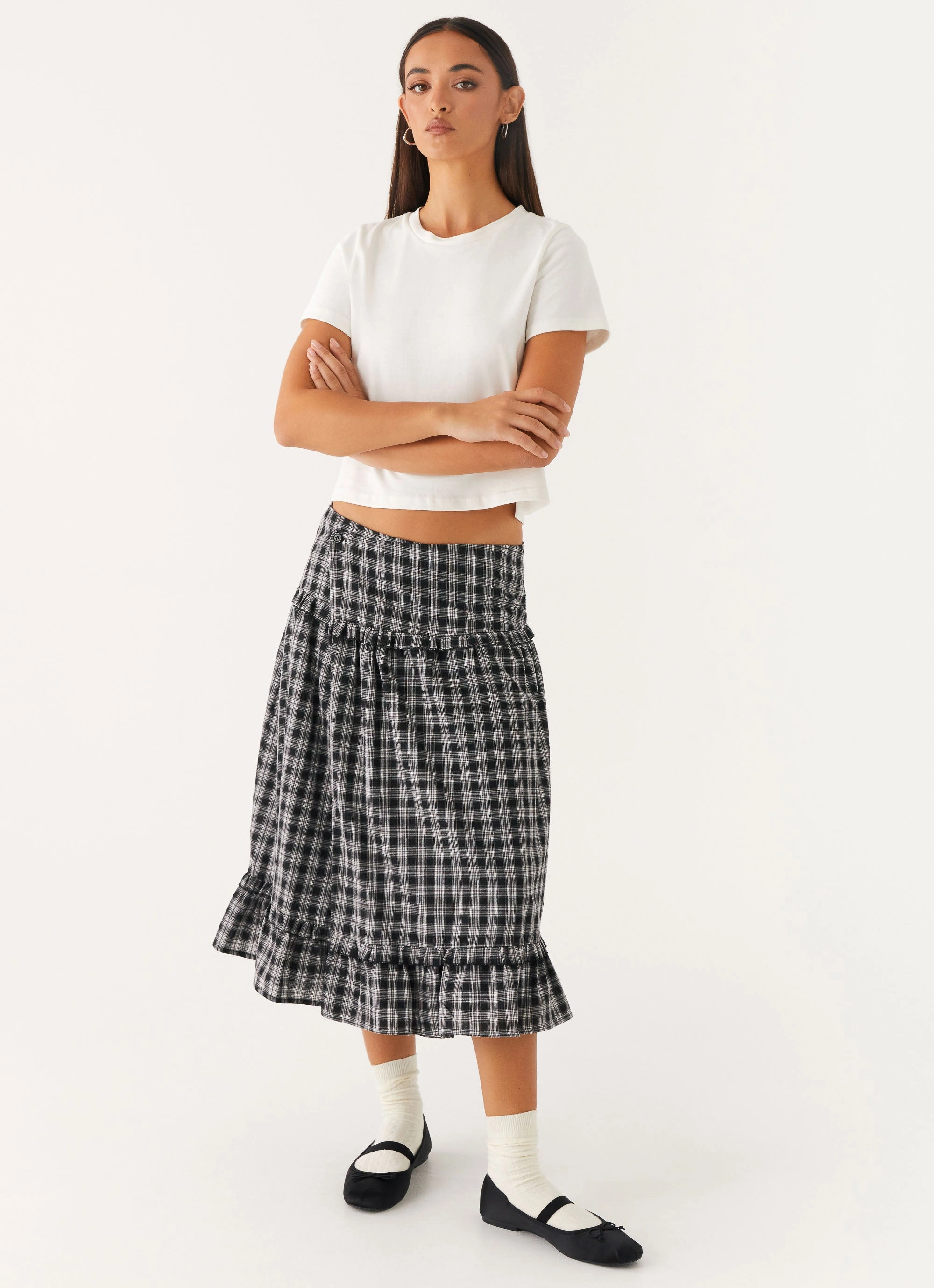 Classic Fit Soft Layers Laura Midi Skirt - White Black Check