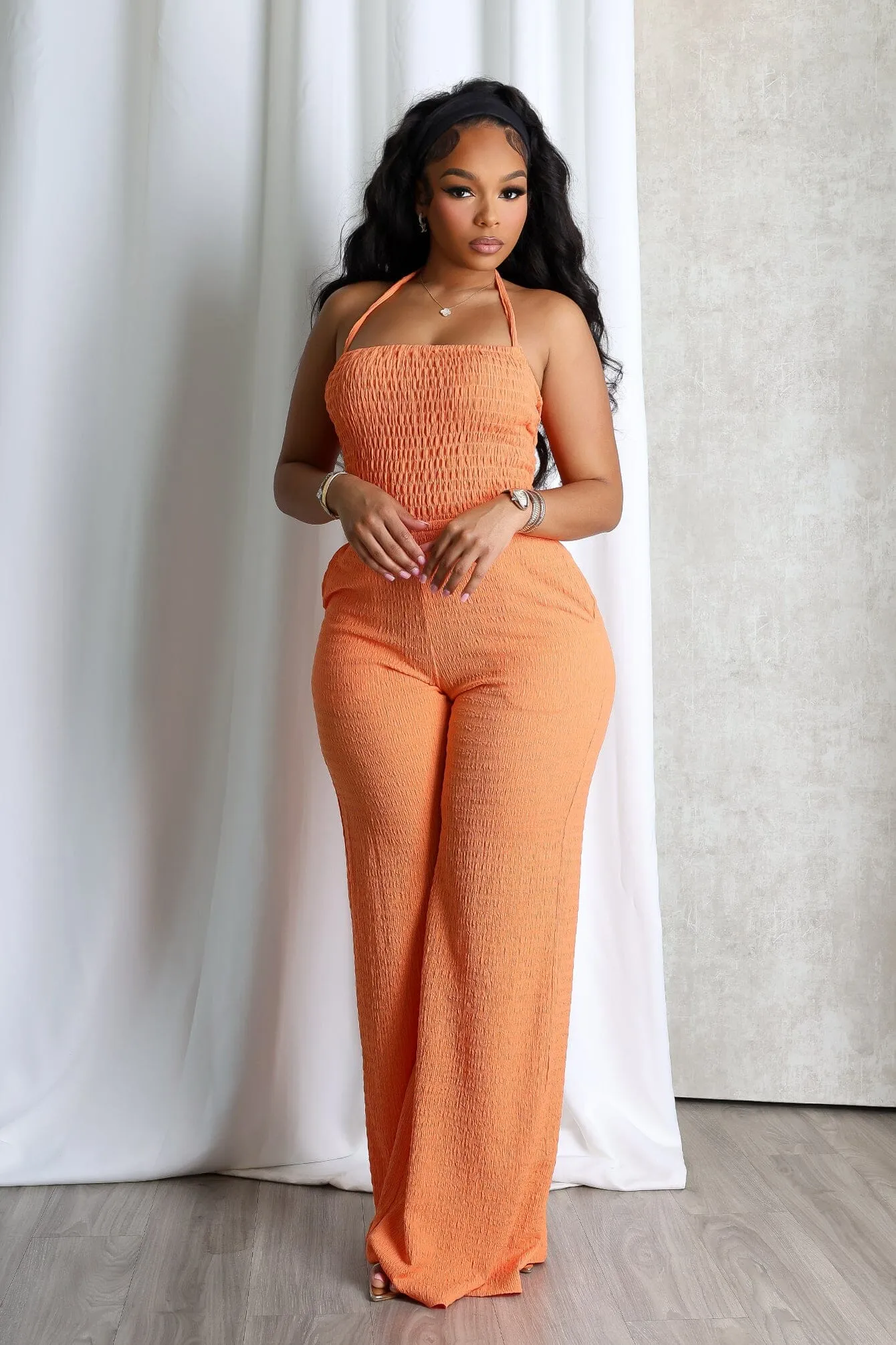 Cozy Fit Natures Crinkle Halter Wide Leg Jumpsuit