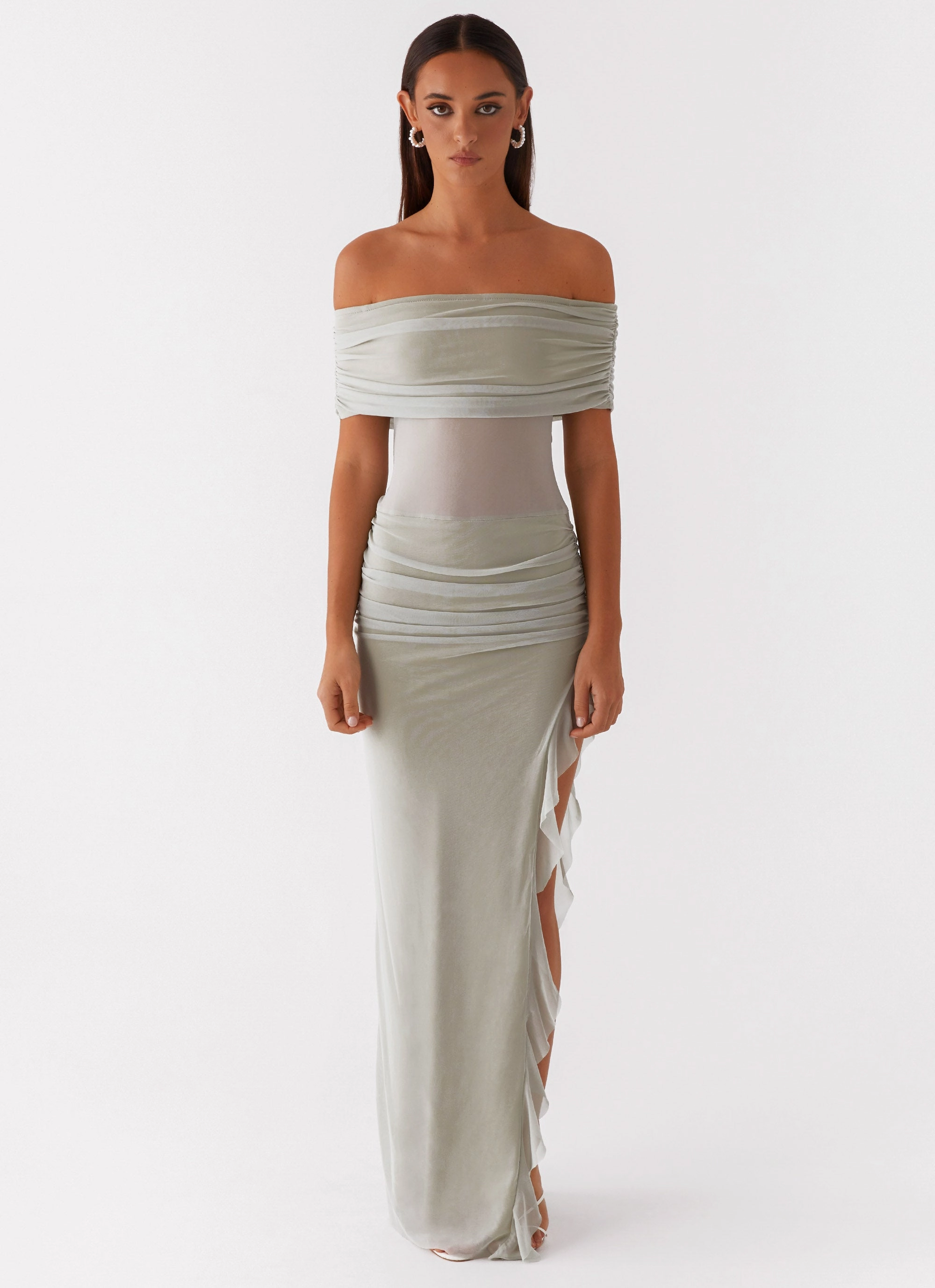 Nelly Off Shoulder Maxi Dress - Pistachio Sophisticated Line