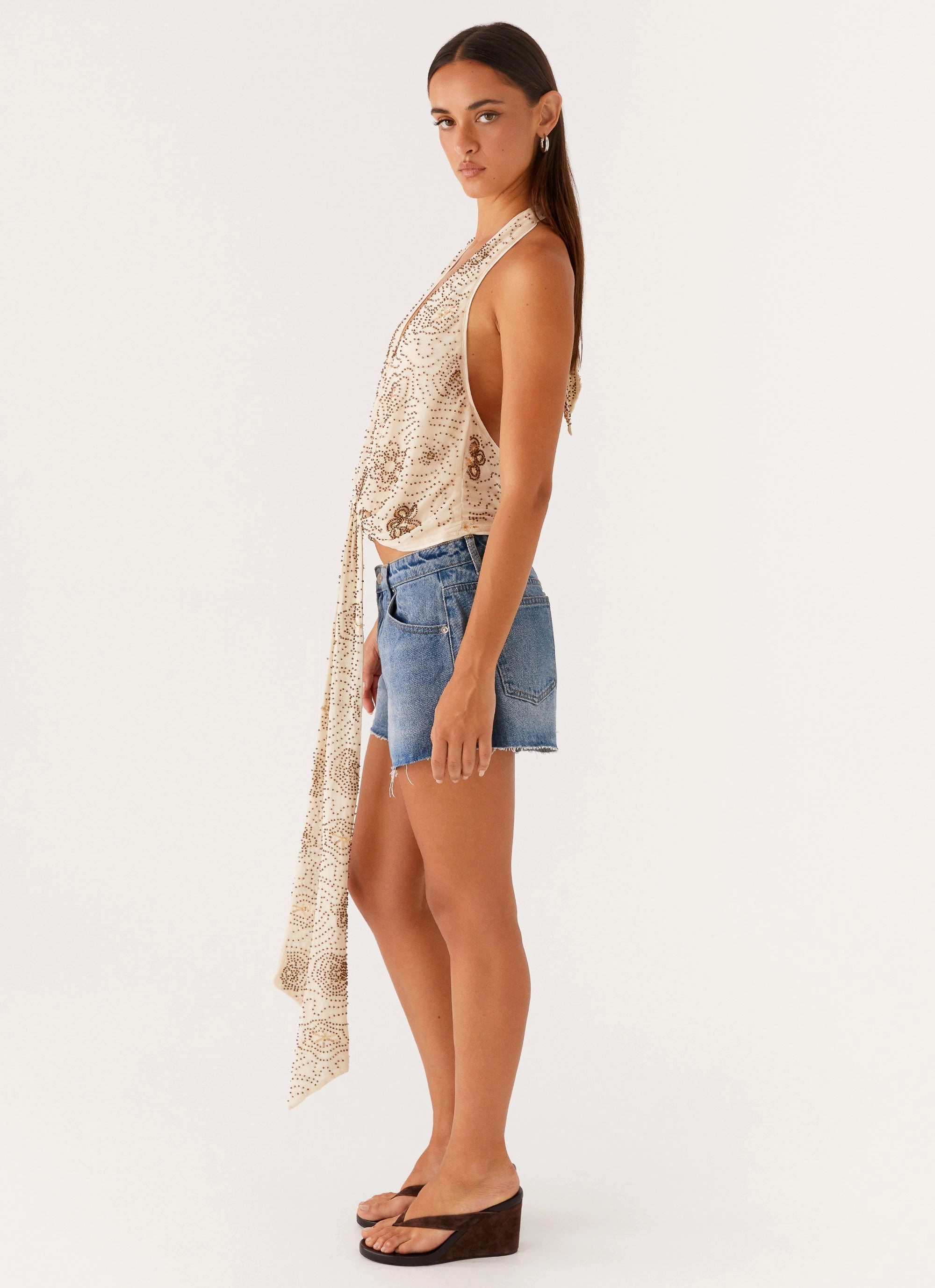 Non Irritating Label Durable Blend Neptune Halter Top - Light Beige