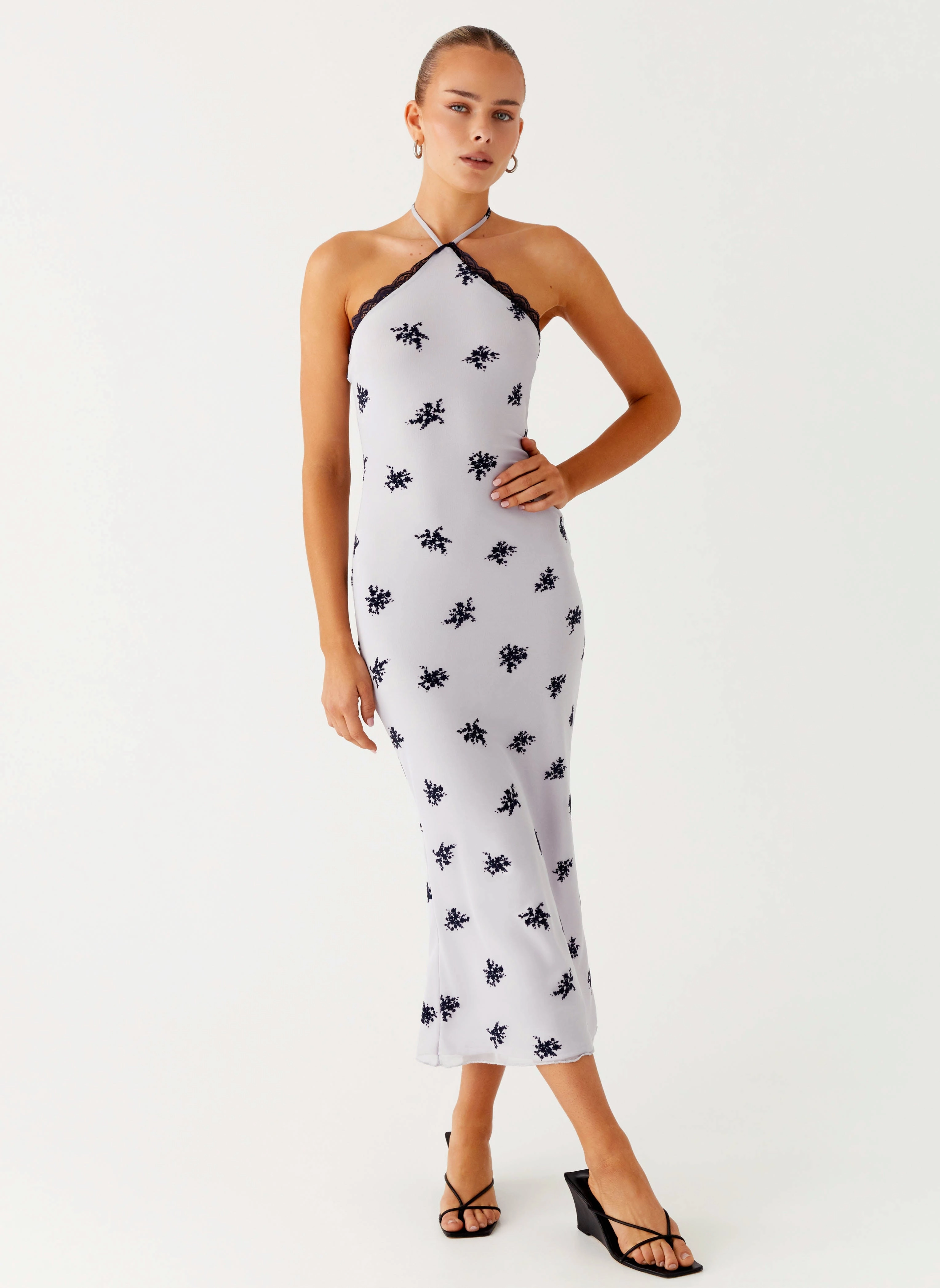 Nestel Flock Halter Midi Dress - Lilac Skin Hug