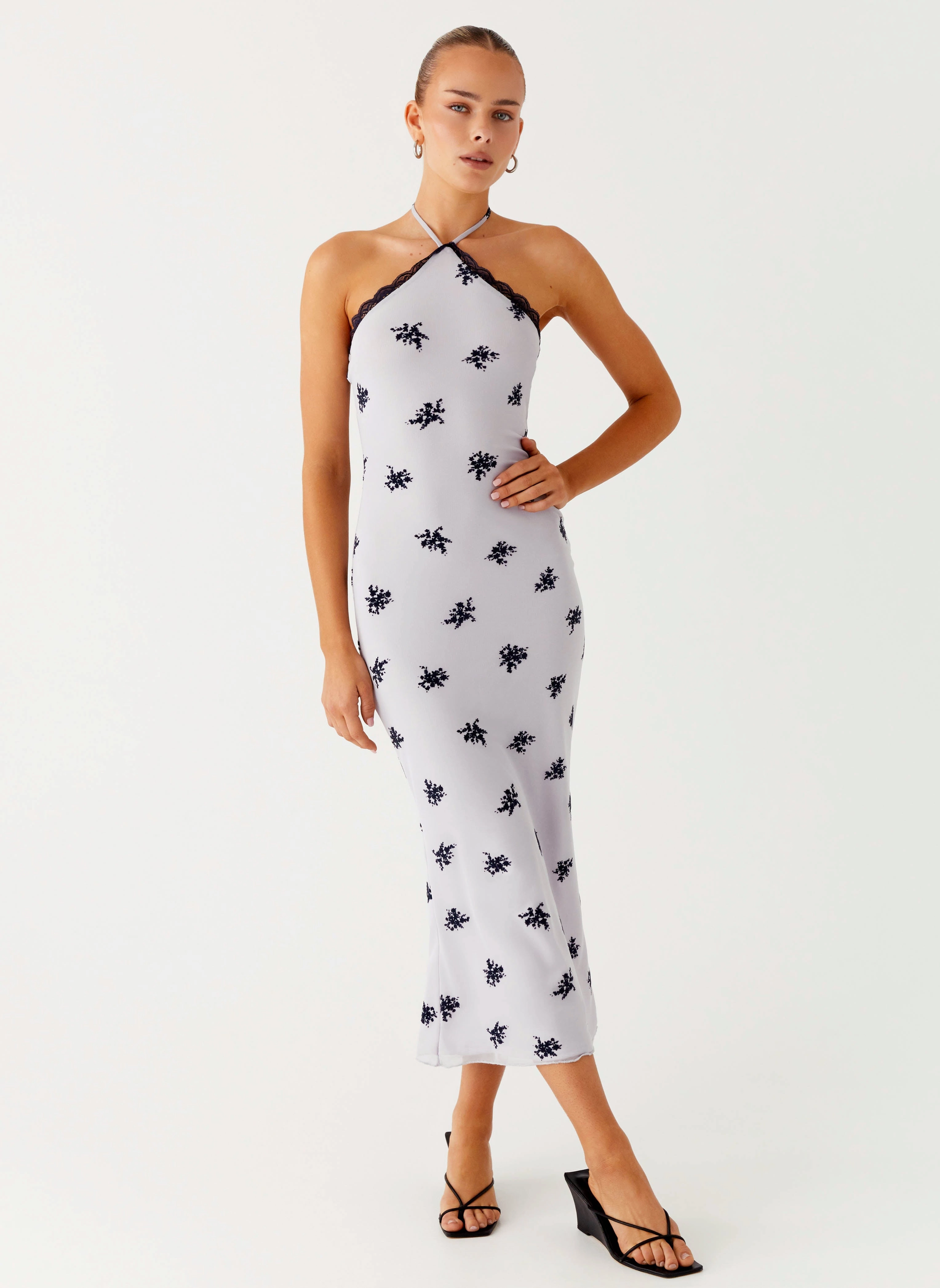 Nestel Flock Halter Midi Dress - Lilac Feminine midi gown Chic Layering