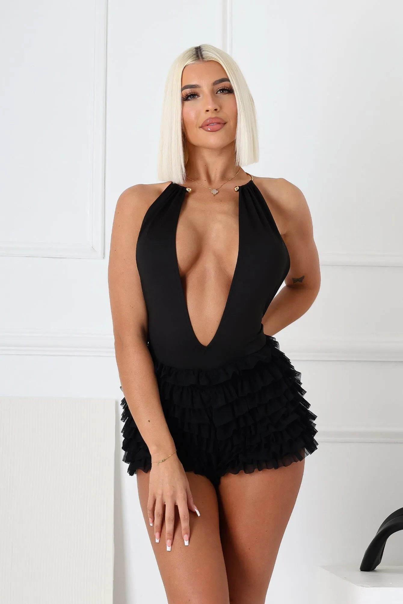 Nico Gold Choker Deep V Bodysuit QuickDryConstruction