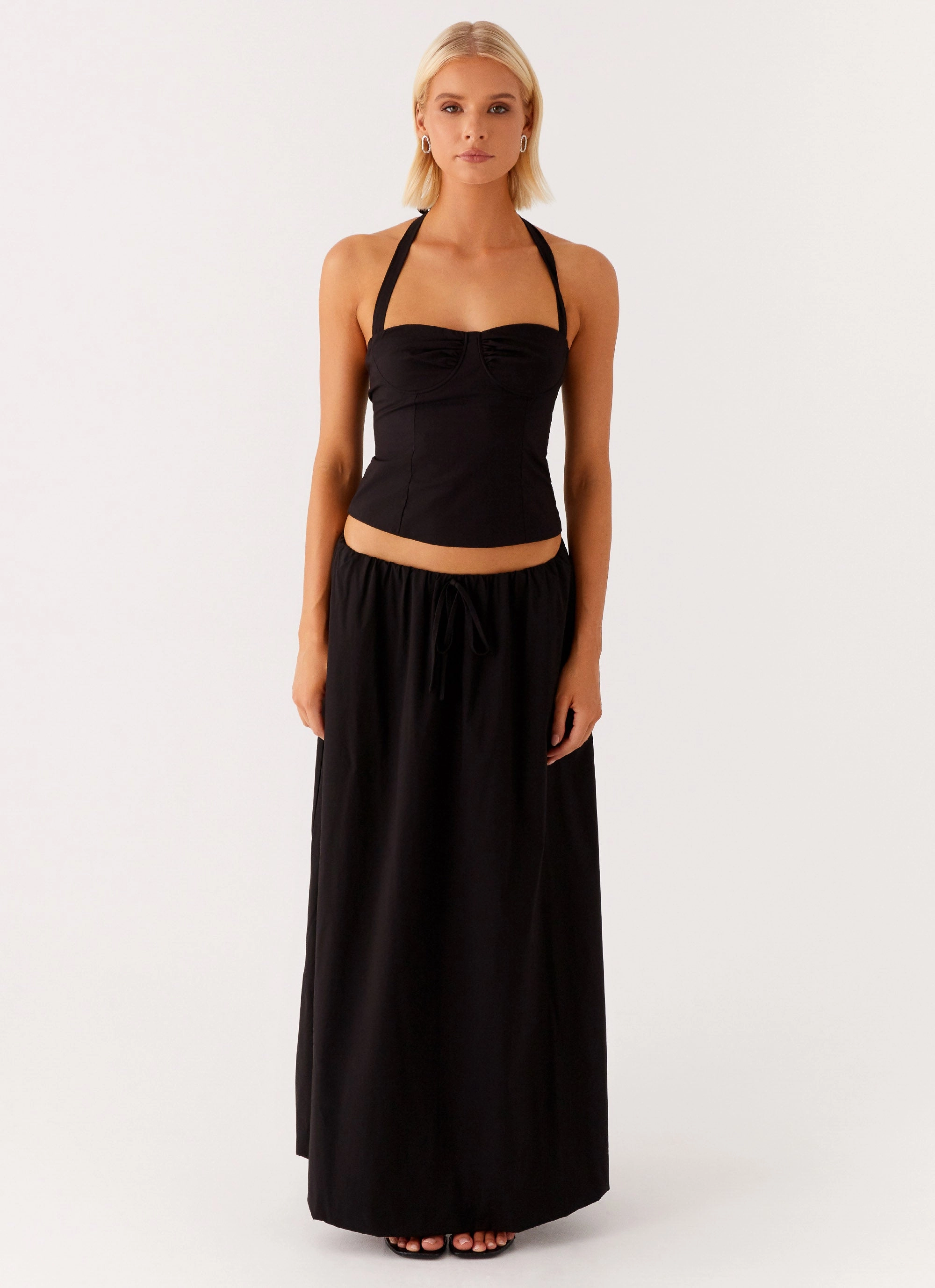 Cheryl Maxi Skirt - Black Draped Silhouette Lightweight Material