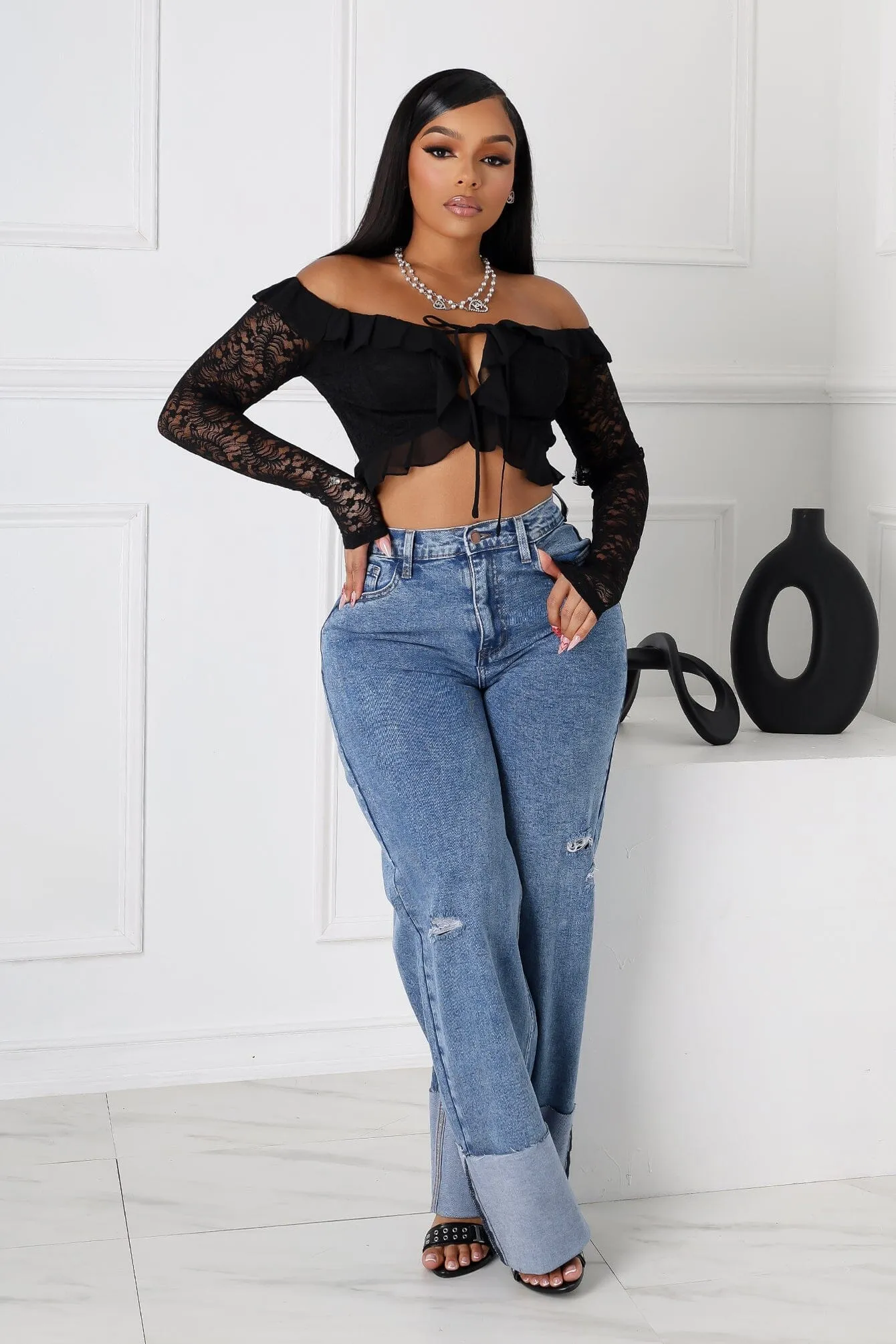 Adjustable Fit Tapered Leg Design Niigata High Waist Cuffed Hem Baggy Jeans