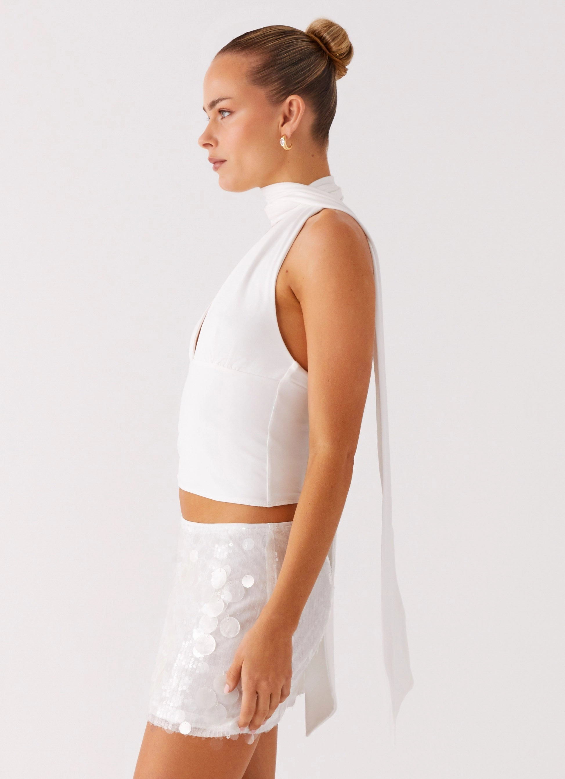 Milos Scarf Halter Neck Top - White Grid Texture Fabric Contoured Armhole Design