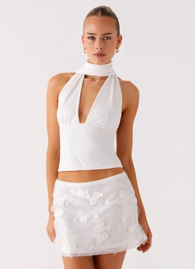 Milos Scarf Halter Neck Top - White Flowy Tunic Non Restrictive Armhole Cut