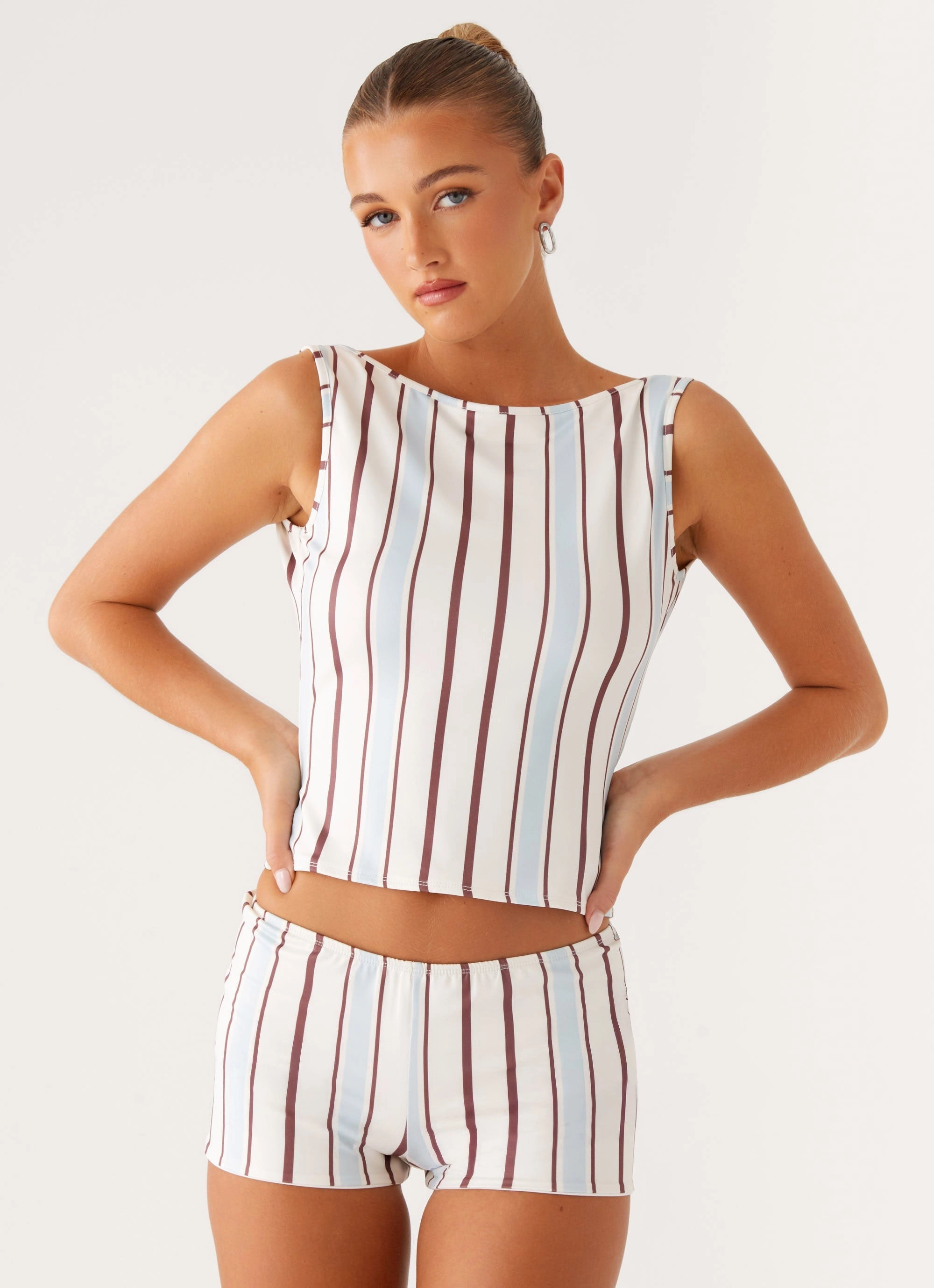 Sun's Out Low Rise Mini Shorts - Blue Stripe Sweat Wicking Lining